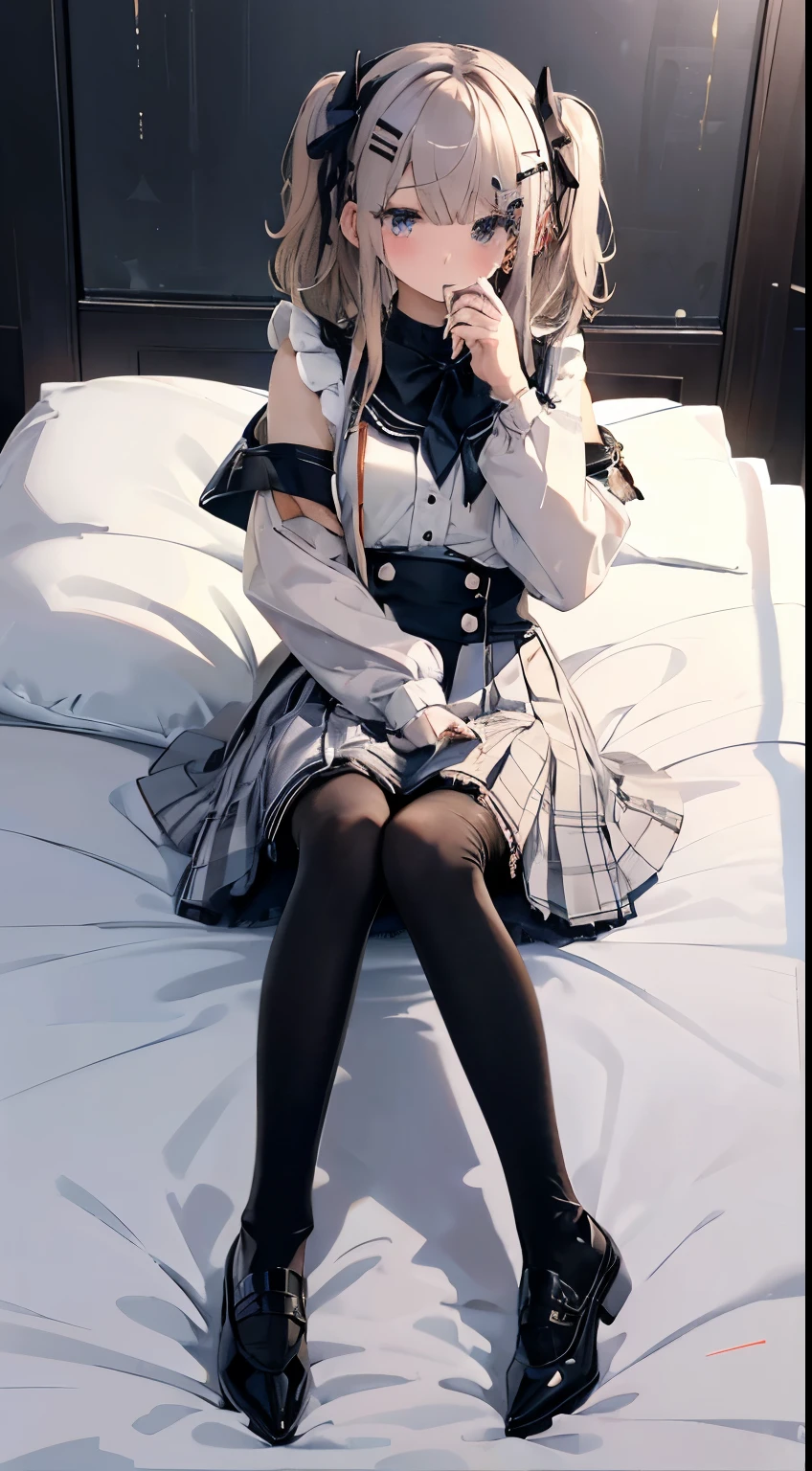 Anime girl in maid costume sitting on bed with phone, loli in dress, anime girl in a maid costume, gorgeous maid, small curvaceous loli, Maid outfit, anime barbie in white stockings, Guviz, Maid dress, Loli, Guweiz in Pixiv ArtStation, Fine details. Girl Front, maid, beautiful anime girl crouching