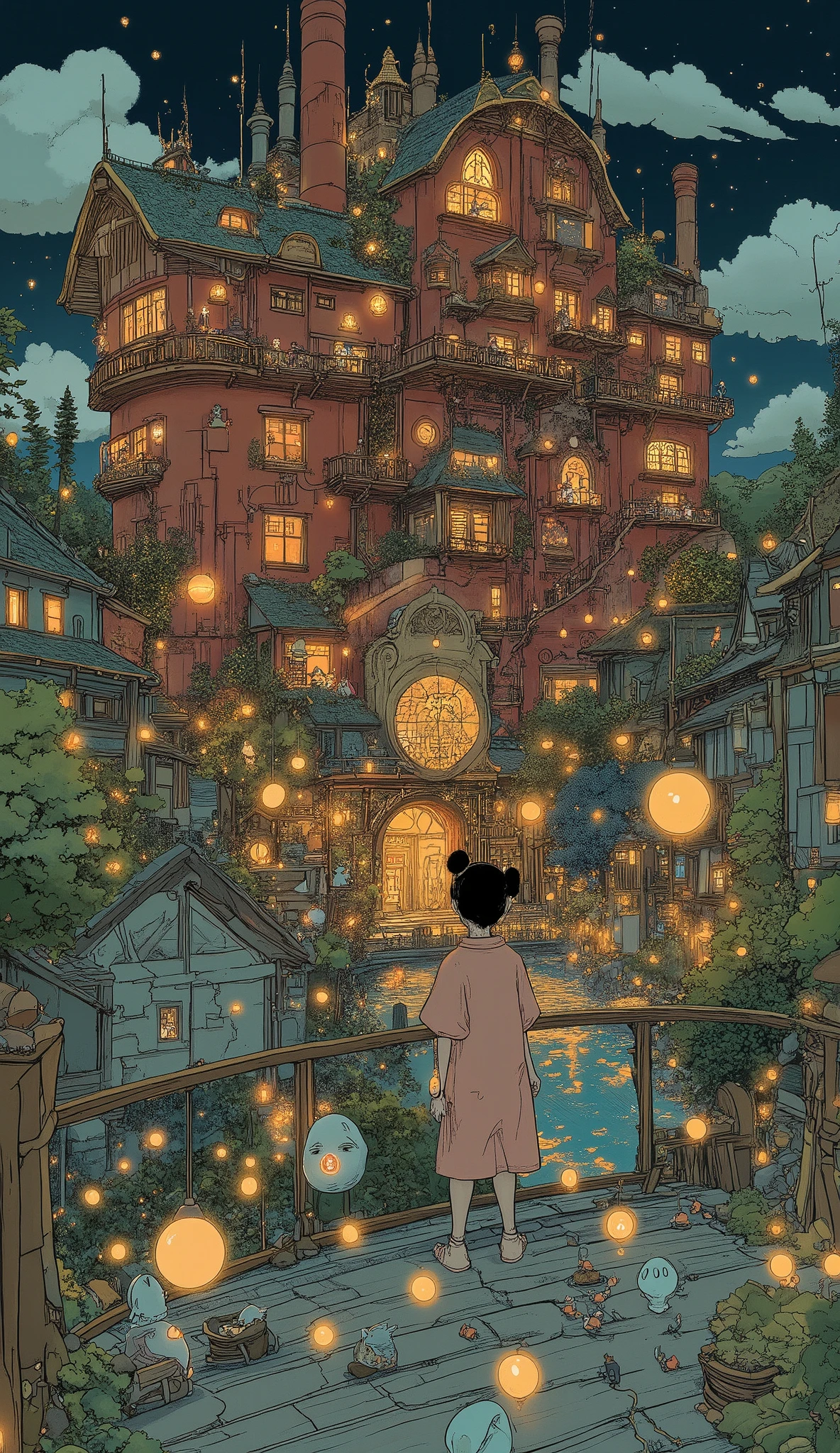 Studio Ghibli-inspired illustration, (soft painterly textures:1.2), (dreamy and warm color palette:1.3), hand-drawn fantasy city, cozy atmosphere, intricate rooftops, cobblestone streets, whimsical architecture, lush greenery, magical realism, soft golden lighting, gentle cinematic glow, (LoRA:ghibliStyle-v1.0:1.0) A grand, red-painted bathhouse towers over the spirit world, glowing warmly under a starry night sky. Golden paper lanterns hang from its curved rooftops, casting a soft, inviting light. The intricate wooden balconies and windows are adorned with traditional Japanese patterns, while gentle wisps of steam rise from within, hinting at the magic inside.
In the foreground, Chihiro stands on the wooden bridge leading to the bathhouse, wearing her pink outfit. She looks up in awe at the towering structure, her hair gently swaying in the evening breeze. To her side, No-Face stands quietly, his white mask reflecting the lantern light. Tiny soot sprites scurry across the wooden planks, carrying small bits of coal toward the bathhouse entrance.
Beyond the bridge, spirits of all shapes and sizes pass through the massive, golden-framed doorway—some tall and masked, others small and round, their translucent bodies glowing faintly. The distant sounds of laughter and chatter blend with the rhythmic flow of the river below, which shimmers with reflections of lanterns and stars.
The scene is painted in Studio Ghibli’s signature soft, painterly style, with a rich color palette of warm reds, deep blues, and golden hues. The lighting adds a dreamy yet nostalgic atmosphere, perfectly capturing the enchanting world of Spirited Away