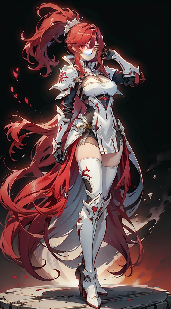 4k, highly detailed, anime style, HDR, subsurface scattering, in a temple, temple being destroyed, Greek temple on fire background, (masterpiece, best quality:1.2), caenis,( fgo stage 3), 1girl, big breasts, looking at fires, smile, short hair, white hair, bangs, red eyes, animal ears, open clothes, hairband, grin, (gold armor), body markings, white nails, epic scene, tall girl,full body, darskinned-female, crazy smile, staff holding, standing, musclegirl, forest