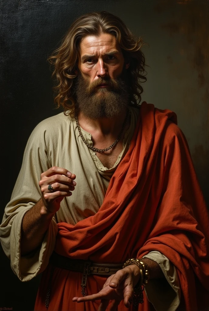 Catholic baroque image of St. John the Baptist, he is a 40-year-old man, skinny man. He has one of his fingers pointing to the sky. He is dressed in a camel skin tunic with his body a little showing, he is holding a staff, his hair is unkempt, he has a big beard. He has a wild appearance but has a serious and quiet look