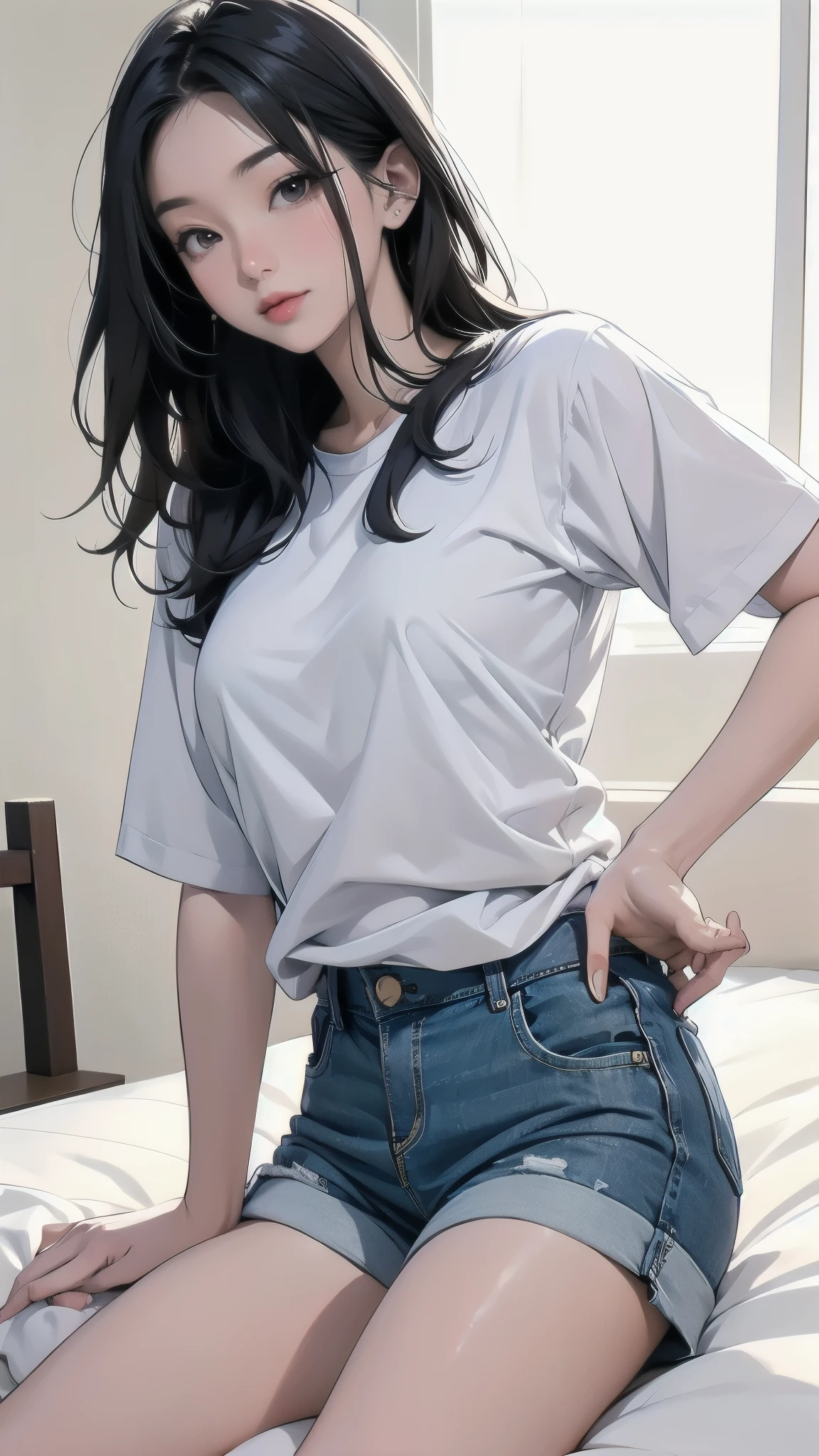 Asian woman in white shirt and blue shorts posing on bed, Sengai's paintings, Tumbler, what is it?, Chiho, shikamimi, two girls sitting at a table wearing Japanese girls' high school uniforms, Sakihime-chan , Japanese Female Student Uniform, Sleek white tight clothing suit, tight shirt , Japanese models, Yoshitomo Nara
