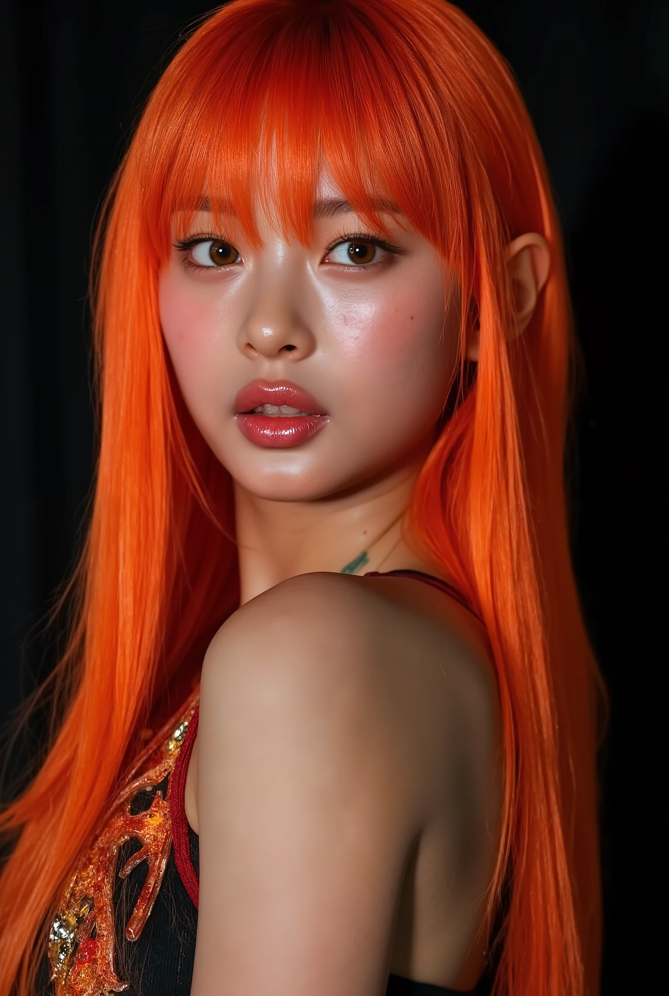 One girl、((tattoos)), Excellent anatomy, masterpiece, Highest quality,Realistic, hyperRealistic, 16k hdr,NSFW、Long orange Hair、Straight Hair、bangs、freckles、high school girl、Slender、Slender body、asian high school girl, huge breasts, cleavage, Lewd, horny, (((sexual gaze))), huge breasts, cleavage, (((neon orange monochromatic color palette))), (((sexy pose))), big orange eyes, ulzzang, portrait, (anime), manga, sexy, submissive, (((crying))), ((seductive)), ((heavy blushing)), shy, tease, 8ｋ, Highest quality, masterpiece, Sharp focus, ((shiny skin)), ((naughty girl)), black background,
