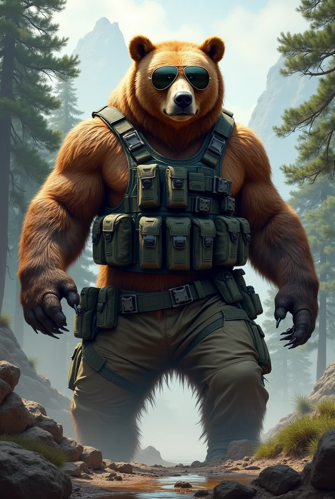 anthro, bear:2.4, seated in a trunk, chubby, (looking to viewer, malicious look:1.5, teeth, wearing military vest with ghillie suit covered with leaves and hood in a forest:1.4), ((dynamic pose)), strongman:1.7, (solo:2.8), male, flaccid penis:1.7, foreskin, dripping, saggy balls, super detailed, best art, 8k, vibrant, (by snowskau), by taran fiddler:1.8, by RedRusker:1.8, art stile, 3D, halfbody:1.2), masterpiece, best quality, half body:1.8, halfbody:1.8, low angle shot:1.3,