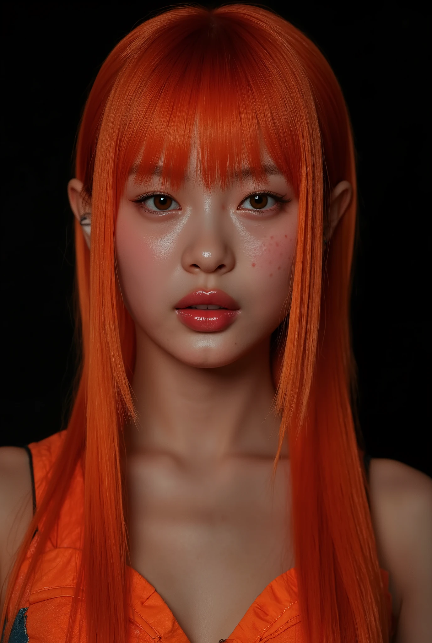 One girl、((tattoos)), Excellent anatomy, masterpiece, Highest quality,Realistic, hyperRealistic, 16k hdr,NSFW、Long orange Hair、Straight Hair、bangs、freckles、high school girl、Slender、Slender body、asian high school girl, huge breasts, cleavage, Lewd, horny, (((sexual gaze))), huge breasts, cleavage, (((neon orange monochromatic color palette))), (((sexy pose))), big orange eyes, ulzzang, portrait, (anime), manga, sexy, submissive, (((crying))), ((seductive)), ((heavy blushing)), shy, tease, 8ｋ, Highest quality, masterpiece, Sharp focus, ((shiny skin)), ((naughty girl)), black background,
