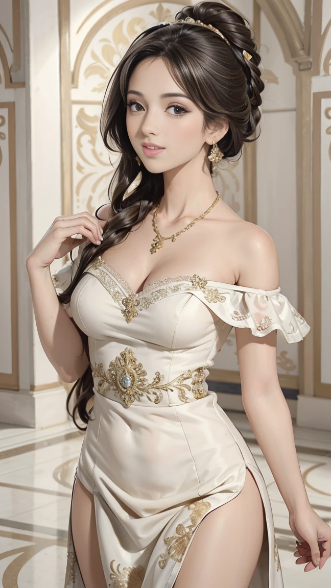 woman, 30 years old, white princess dress, England theme, black hair, gold necklace, gold earrings, large bust, full body, looking at camera, looking at viewer, palace hall background