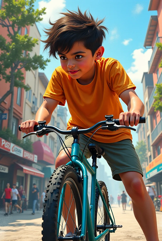 A boy ride bicycle on road and stunt around people in morning