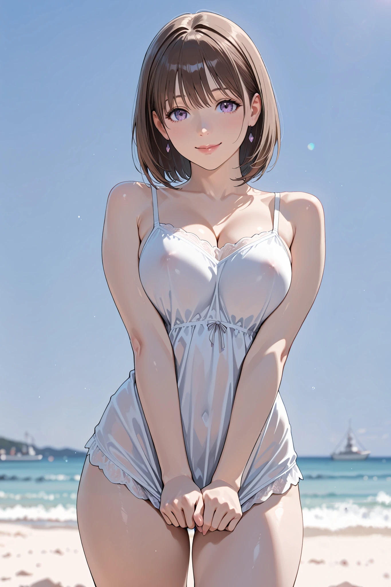 one-girl, Wears white off-the-shoulder short sleeves, white panties, Long legs, Barefoot, with dark reddish hair, Short hair to the neck, Hair covers one eye, eBlue eyes, Pointed chin, Line nose, high street, bangs, expressionless, Expressionism, chiaroscuro, anime, UHD, ccurate, super detail, high details, best quality,curlies