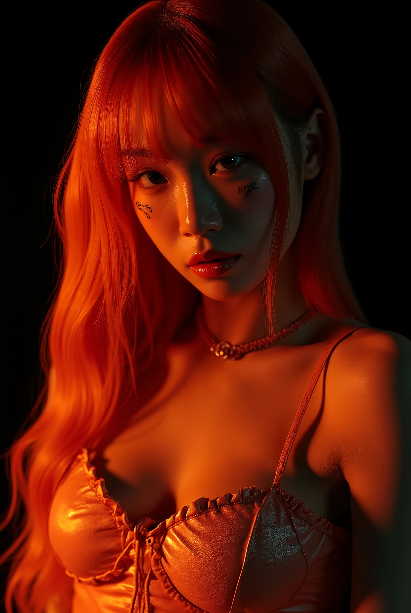 One girl、((tattoos)), Excellent anatomy, masterpiece, Highest quality,Realistic, hyperRealistic, 16k hdr,NSFW、Long orange Hair、Straight Hair、bangs、freckles、high school girl、Slender、Slender body、asian high school girl, huge breasts, cleavage, Lewd, horny, (((sexual gaze))), huge breasts, cleavage, (((neon orange monochromatic color palette))), (((sexy pose))), big orange eyes, ulzzang, portrait, (anime), manga, sexy, submissive, (((crying))), ((seductive)), ((heavy blushing)), shy, tease, 8k, Highest quality, masterpiece, Sharp focus, ((shiny skin)), ((naughty girl)), black background,
