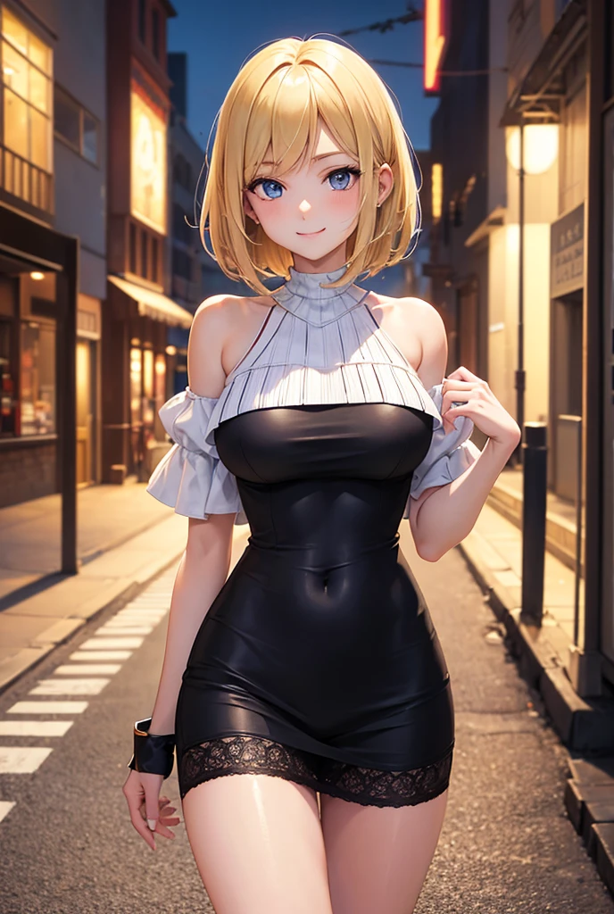 A woman wearing a white sleeveless shirt, casual black pants, pants with a chain, an iron cross around her neck, standing posture, big breasts, blonde hair, short hair, red bangs in her hair, psychotic smile, evil smile, brown eyes, multi-colored hair, outside a modern house, garden around, place at night with lighting, wide garden view with trees and plants, perfect face, yandere, scary smile, perfect smile, perfect lips, brown eyes, perfect eyes, (Azur_lane, KMS_Roon)UHD, masterpiece, textured skin, super detail, high quality, best quality, 8k, highres, accurate.
