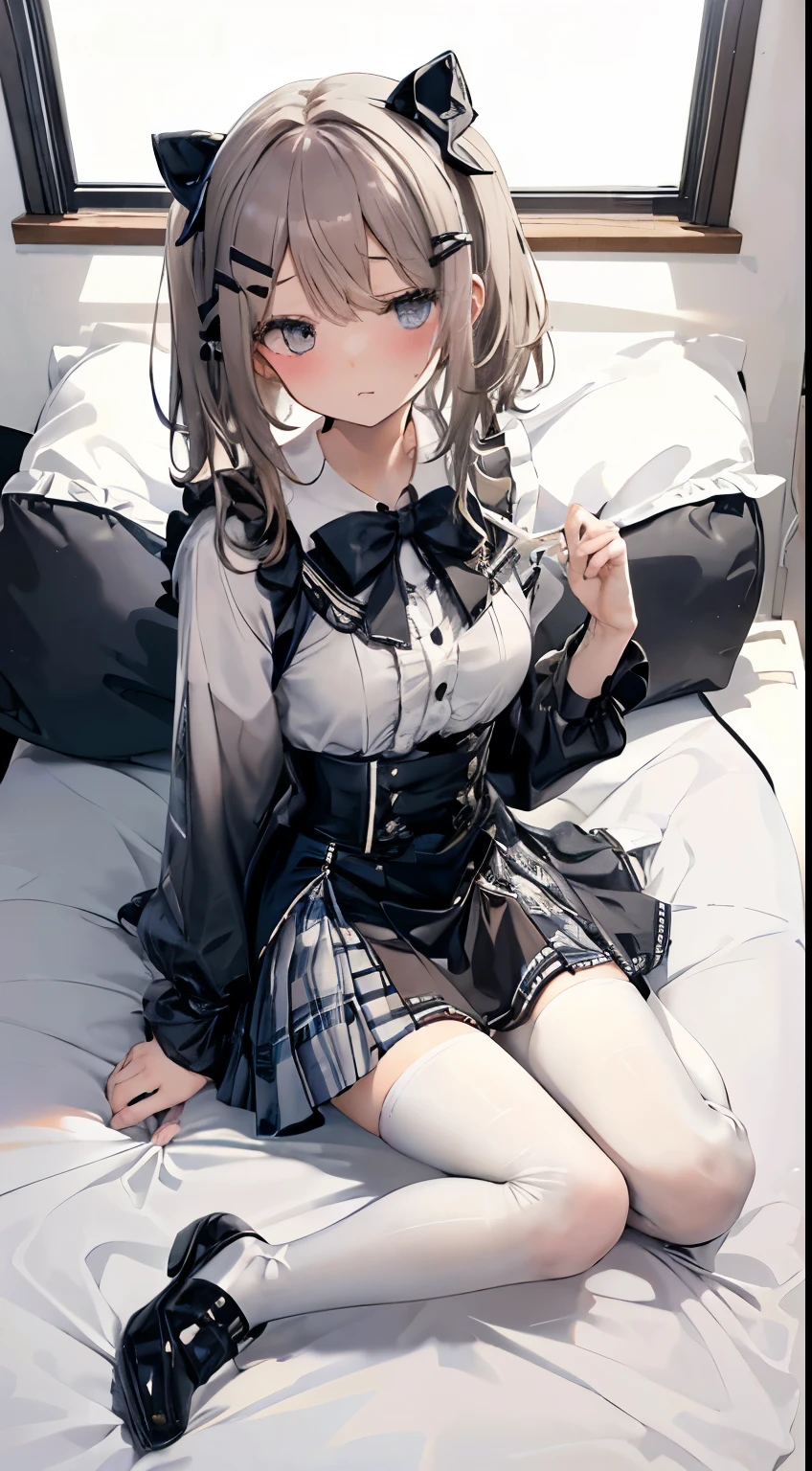 top quality,   in Art A very elaborate masterpiece , (  full body shot  ),   front view, 
 Symmetric, Mature Japanese High Schooler, alone, (alone: 1.3),    Continue Reading  ,  Full Body from Head to Toe , from above, sitting,  M-shaped feet, and staring at the audience: 1.3), small breasts, (black pantyhose): 1.2), ストッキングから white panties , 1 Very Beautiful Girl and , Of shoes, (: 1.3), shyで大きな目, (short (Brown Hairpiece), (bungs),  disheveled hair, (hair clip for hair),  White futon , I'm Watching You: 1.3), looks at the camera,  white panties , white lingerie,  high school uniforms ブレザー,  High School Uniform White Blouse ,  high school uniforms ブルーリボン,  high school uniforms 　plaid and navy pleated skirt, Mycotrose.,  Very long silver hair ,  Using Ultramarine Eyes , shy, shy face,   blanking, White sweat, Be confident