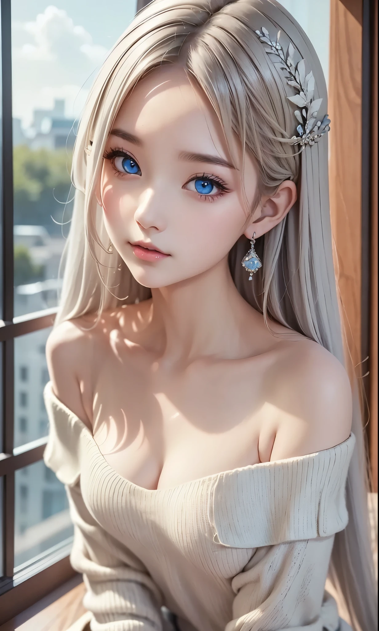 There is a woman in a white dress, artwork in the style of Gwaiz, Gwaiz on pixiv artstation, Gwaiz on artstation pixiv, Gwaiz, Fantasy art style, Gwaiz masterpiece, Beautiful and elegant queen, Beautiful character drawings, Detailed digital anime art, Blonde Princess, Gray Hair, Sky blue eyes, Pink Lips, off shoulder sweater, cool girl face, beautiful eyes, face type, reika, indoors, cafeteria