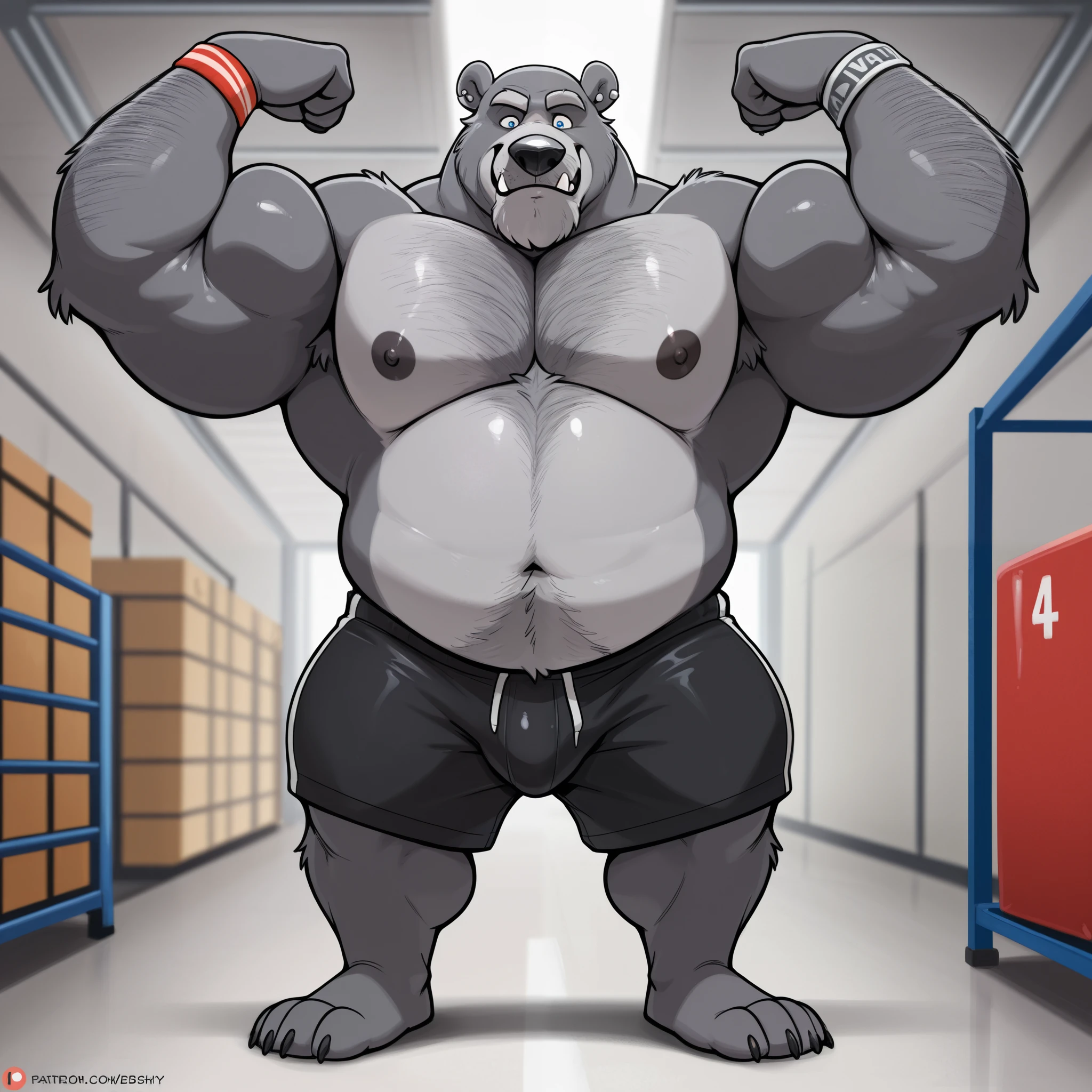 masterpiece, best quality, amazing quality, anthro bear, grey fur, bald, blue eyes, 1boy, solo, musclegut, muscular, huge arms, dilf, gentle, focused, kind, dad body, daddy, grey fur, bushy grey mustache, thick arms, tall, fangs, large snout, large nose, black nose, glossy fur, hairy arms, hairy chest, huge muscles, huge pecs, wide head, grey ear piercing, shirtless, topless, wristbands, black training shorts, feet, gym garage background, flexing arms up