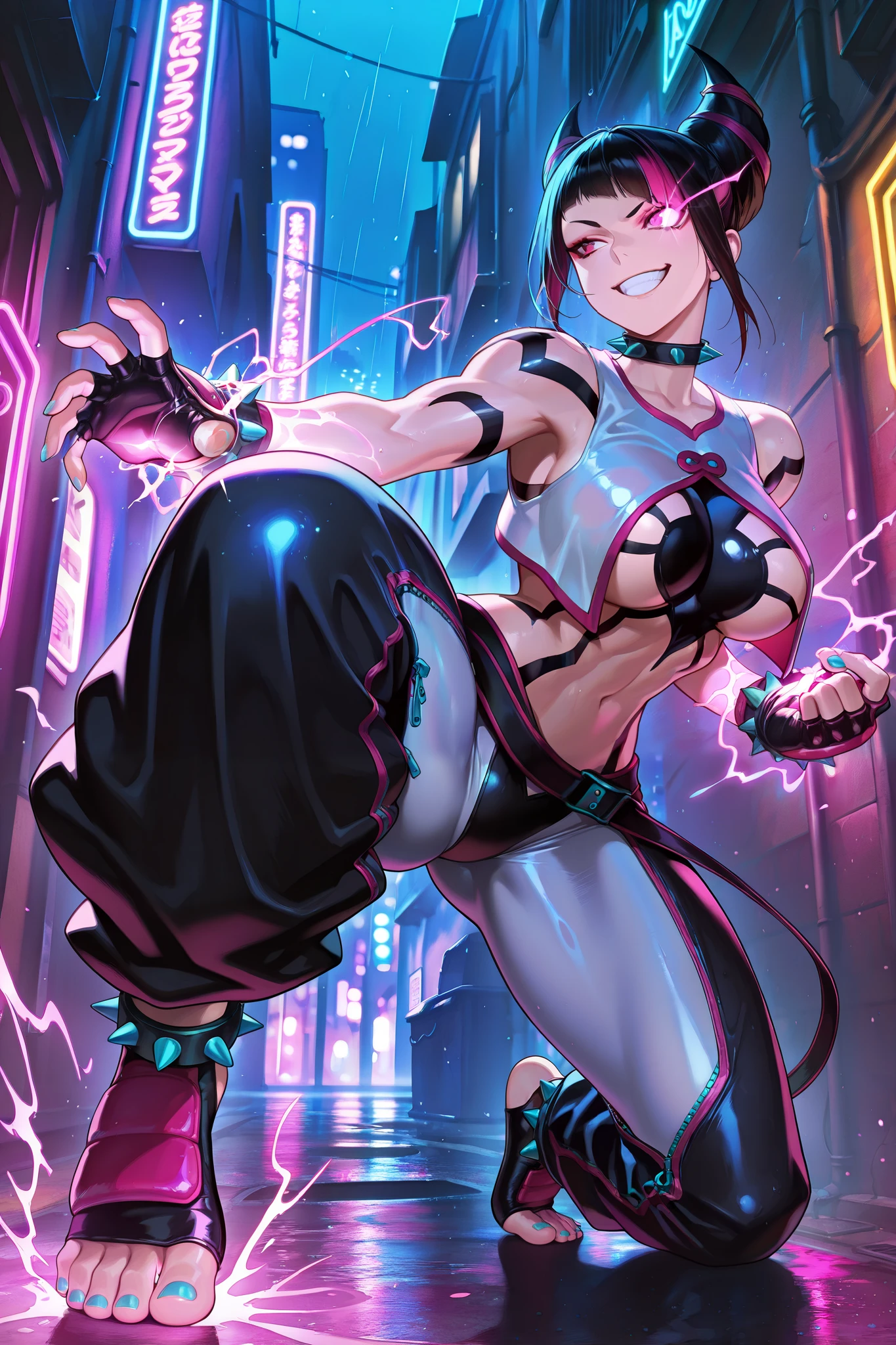 masterpiece,best quality, amazing quality, very aesthetic, 1girl, solo, juridgsf6, large breasts, fighting stance, light particles, neon lights, city, alley, night, rain, grin, battle, one glowing eye, pink electricity, blurry background,
