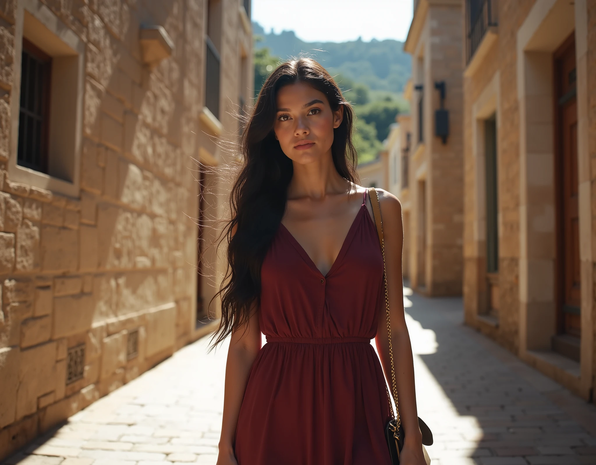Professional photographic shot of a beautiful woman standing facing the camera with long, flowing black hair, wearing a loose summer dress in a deep wine color, a small crossbody bag hanging at her side, in a narrow cobblestone street in an old historic district, surrounded by stone buildings with simple windows. Dramatically lit by strong sunlight streaming in from an opening between the buildings, casting bold contrasts of light and shadow. Warm, earthy tones dominate the scene — beige, brown, gray, with a subtle touch of green from distant vegetation. Taken from a slightly low angle to emphasize the depth of the street and guide the viewer’s eye towards the distant background. High contrast lighting highlights the textures of the stone walls and cobblestones, focusing on natural light and shadow play. The woman’s figure is elegantly positioned according to the rule of thirds, adding balance to the composition. The atmosphere is nostalgic and serene, blending realism with artistic flair --ar 4:5 --v 6 --stylize 500 --style raw.