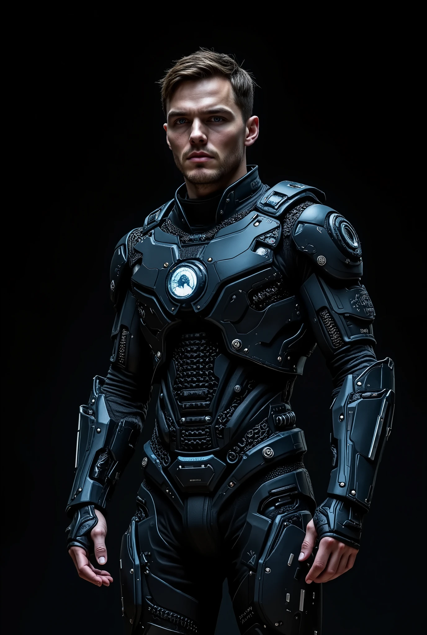 Nicholas Hoult A MAM . ultra-realistic, photorealistic, dramatic scene, shadow, global-illumination, solo, perfect anatomy, perfect fingers, (age cyborg), very beautiful with very cute face, detailed face skin texture, (modern guy but futuristic cyborg), intricated complex cyber punk mechanical cyber cyborg body, (his cyborg body is fully covered with extremely detailed futuristic mechanical armored suits), absolutely complex futuristic cyborg body, markers are integrated in his body, head helmet, slim waist, He is flying in the space), black with blue and white colors, black background,dynamic angle, 