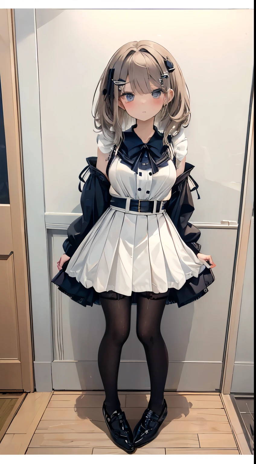 top quality, in Art A very elaborate masterpiece , ( full body shot ), front view,
Symmetric, Mature Japanese High Schooler, alone, (alone: 1.3), Continue Reading , Full Body from Head to Toe , from above, and staring at the audience: 1.3), small breasts, (black pantyhose): 1.2), ストッキングから white panties , 1 Very Beautiful Girl and , Of shoes, (: 1.3), shyで大きな目, (short (Brown Hairpiece), (bungs), disheveled hair, (hair clip for hair), I'm Watching You: 1.3), looks at the camera, white panties , white lingerie, high school uniforms ブレザー, High School Uniform White Blouse , high school uniforms ブルーリボン, high school uniforms plaid and navy pleated skirt, Mycotrose., Very long silver hair , Using Ultramarine Eyes , shy, shy face, blanking, White sweat, Be confident