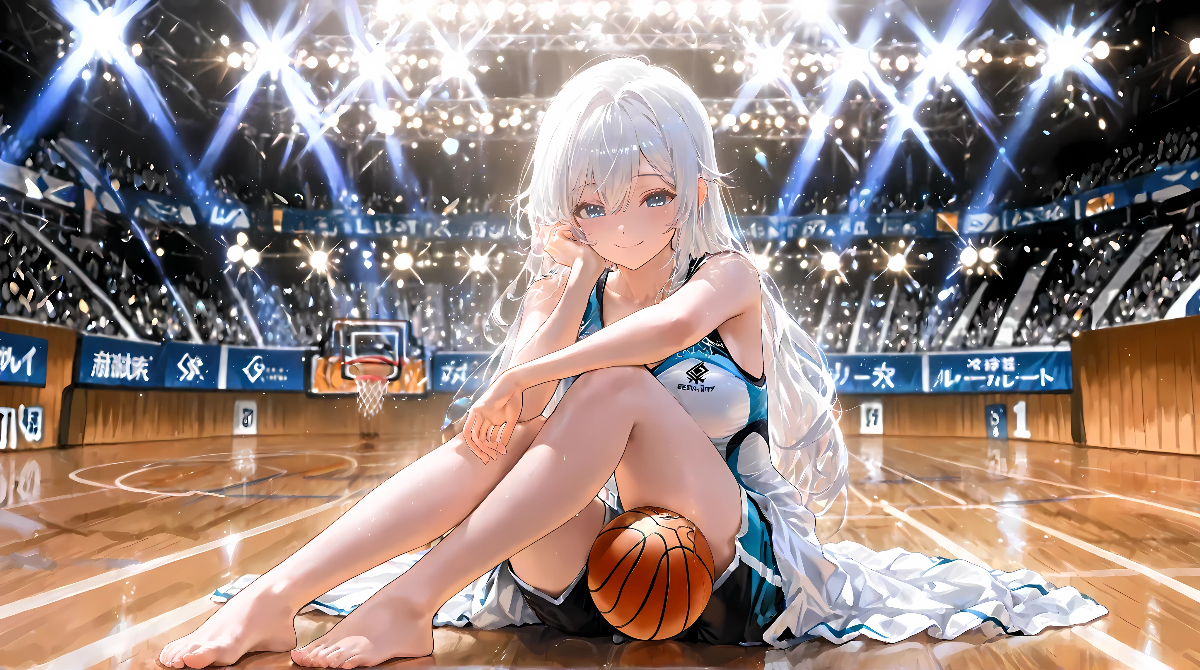 Alisa sitting on basketball wooden floor, folding legs, white hair, blue eyes, pick up the basket ball in his one hand, and one hand on the floor for balance support, she takes black basketball shorts dress, giving a cute smile, Beutiful, a Beutiful basketball stadium background, five-four field lights light in the back of Alisa, face,score_9, score_8_up, score_7_up,source_anime,BREAK,BREAK, (best quality, masterpiece, ultra-detailed, illustration:1.2),(8K wallpaper),(beautiful detailed eyes:1.2), beautiful, detailed eyes, soft light, AddXL light steps, intricate colors, vibrant colors, absurdres, very awa, no nude, full body, 16:9 landscape