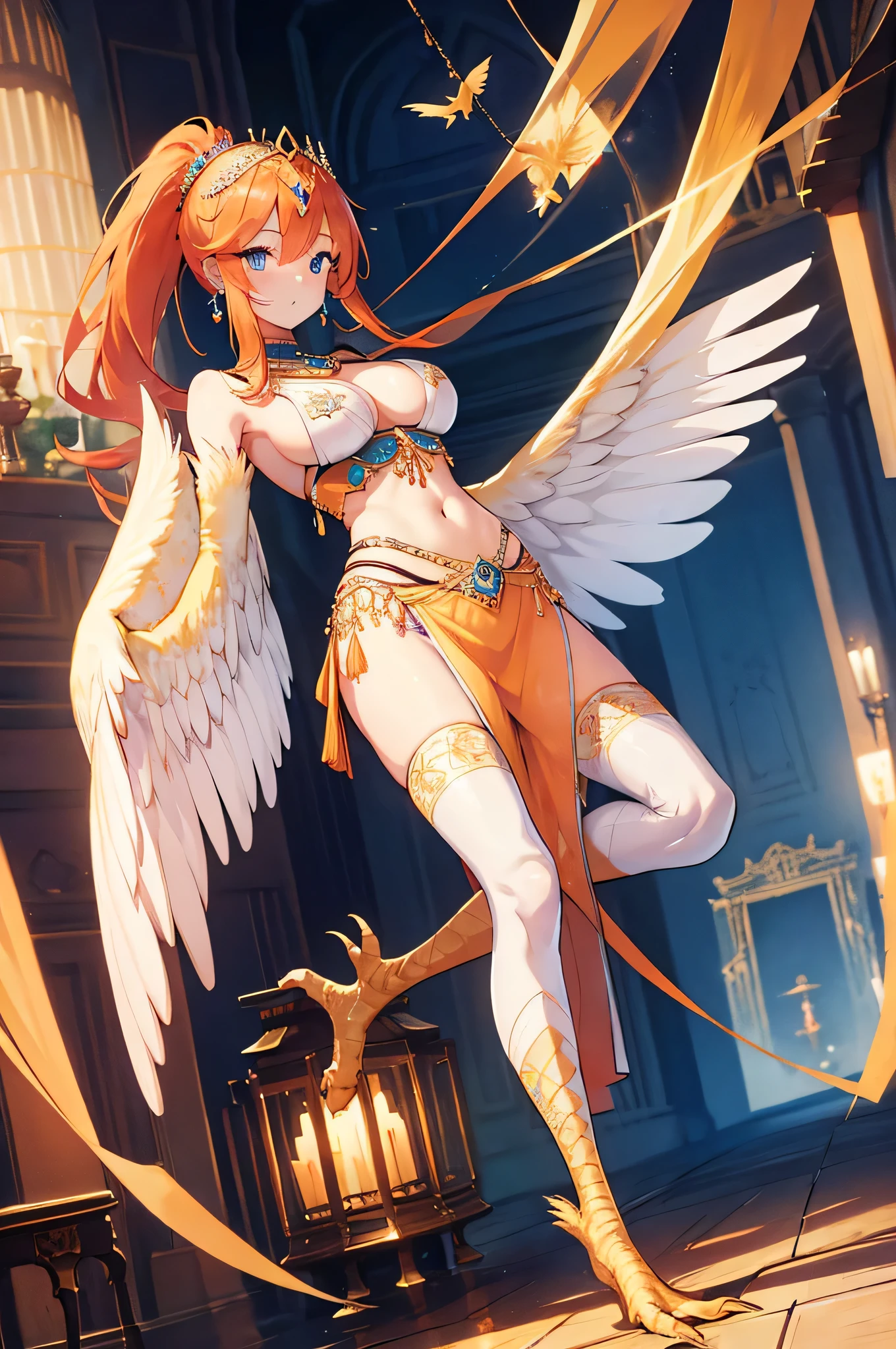 4K,hight resolution,One Woman,Harpy,Bright red hair,Long ponytail,Green eyes,Colossal tits,one white winged,golden toenails,arabian princess,white arabic dancer clothes,Princess tiara,jewel decorations,Arabian palaces