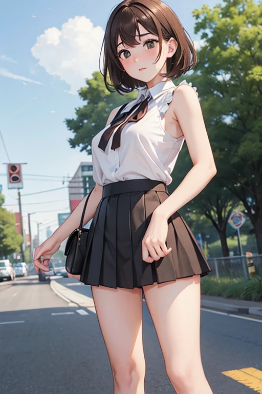 (8K, Best Quality, Ultra High Definition, (Realistic, Photorealistic: 1.4), Photos, Real Human, More Human, 1 Girl, 19 Years Old, Street, Full Body, Small, Small Panties, Cute, Ponytail, Pretty Face, Hairstyle Random, Random Expression, Big Eyes, (Short Sleeves JK_ Shirt), JK_ Style, (Checked JK_ Skirt) (( boldly lifting the skirt, the joy of showing panties), dying to show (ribbon JK_tie)), dynamic