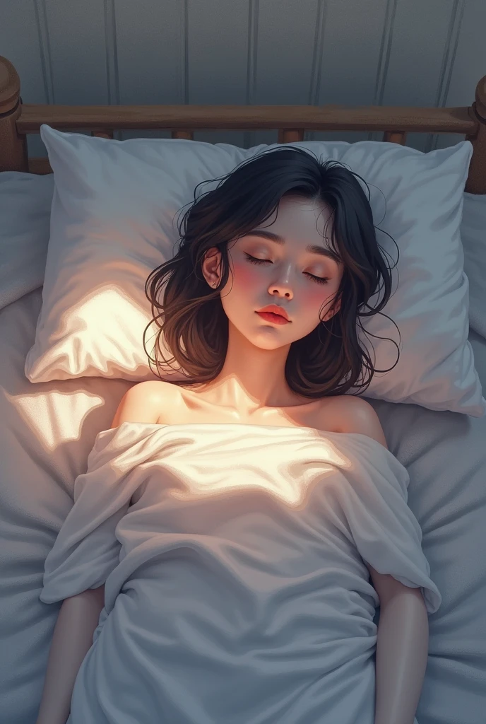 夏の光, a young asian girl is sleeping with her hand on her abdomen, 1girl, solo, realistic, lying, black hair, looking at viewer
