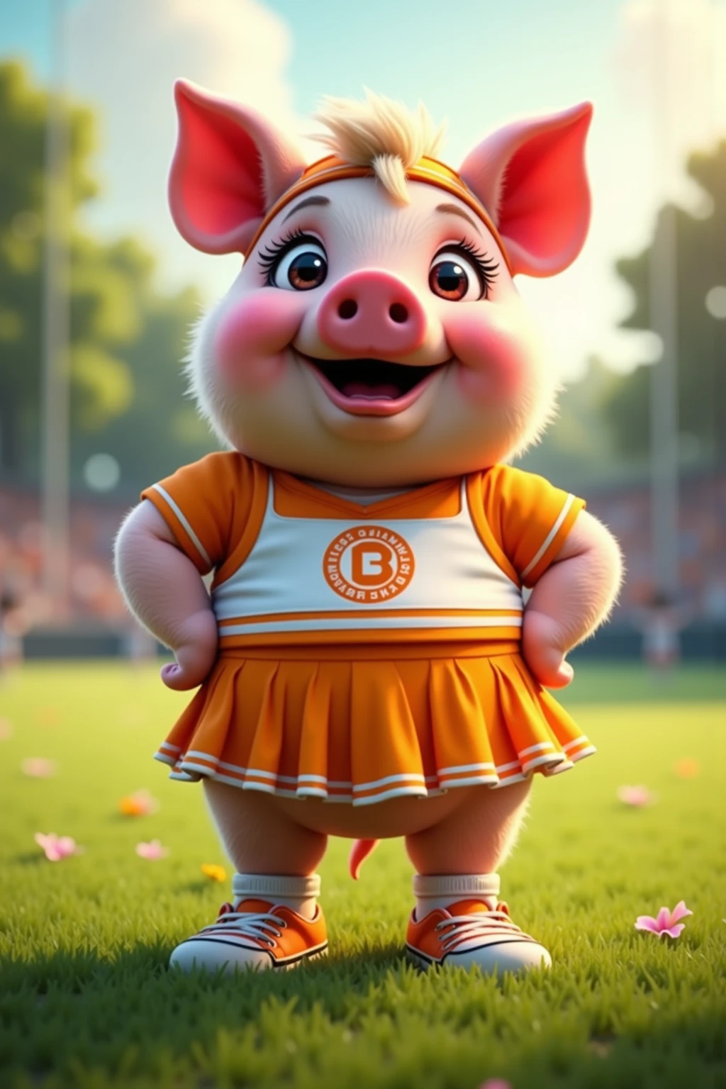 photorealistic portrait of Dressed animals - a ((fat)) pig cheerleader ,(action pose:1.5),(jumping:1.2),(happy smile),(furry), high quality,(lovely) ,intricate detailed decorations, highly detailed (cheerleader wear), skirt and underwear, holding pom-pom, grass sports field background , (happy), perfect lighting,(full body image:2.0)