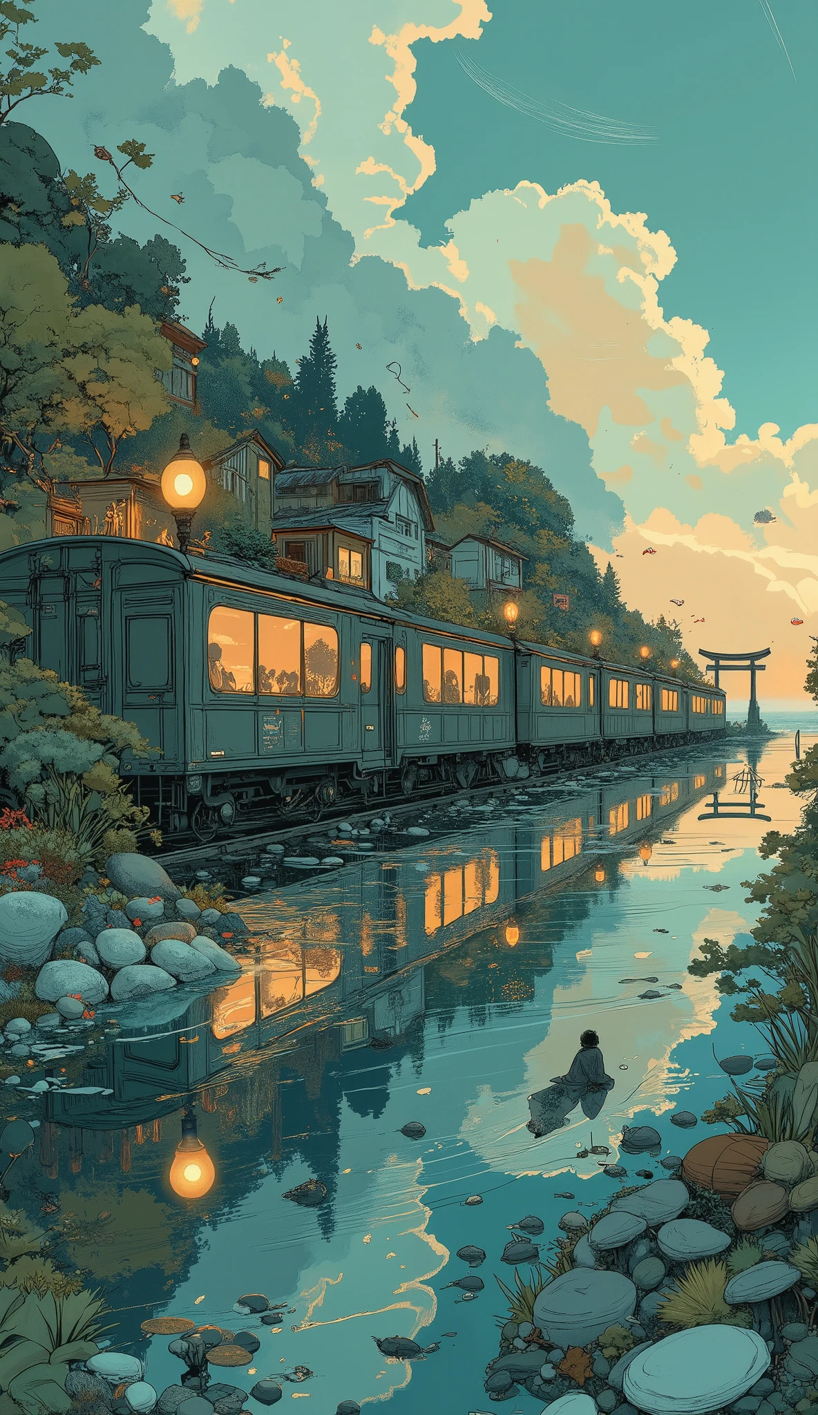 Studio Ghibli-inspired illustration, (soft painterly textures:1.2), (dreamy and warm color palette:1.3), hand-drawn fantasy city, cozy atmosphere, intricate rooftops, cobblestone streets, whimsical architecture, lush greenery, magical realism, soft golden lighting, gentle cinematic glow, (LoRA:ghibliStyle-v1.0:1.0) A long, narrow train moves gently across an endless, shallow ocean, its tracks seemingly floating above the crystal-clear water. The sky is a soft pastel gradient of warm oranges and cool blues, blending seamlessly into the calm horizon. Wisps of clouds stretch across the heavens, their reflections shimmering on the water’s glass-like surface.
Inside the train, dim lanterns glow warmly, illuminating the quiet spirits seated within—shadowy figures wrapped in flowing robes, their faces obscured. Chihiro and No-Face sit by the window, gazing out at the vast ocean, the young girl’s expression a mix of wonder and quiet contemplation.
A few spirit fish with translucent bodies glide just beneath the water’s surface, leaving ripples in their wake. A small torii gate emerges from the water in the distance, half-submerged and weathered by time, adding a mystical touch to the dreamlike setting.
The scene is painted in Studio Ghibli’s signature hand-drawn style, with soft shading, a painterly texture, and a balance of warm and cool lighting. The composition is serene yet immersive, evoking the feeling of a fleeting moment in a magical, otherworldly journey—perfect for a wallpaper.