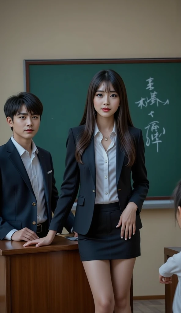 A female teacher and a male student, 157cm tall, 37 years old, with black hair, wearing a black suit jacket, a white blouse underneath, a black tight skirt and black pumps