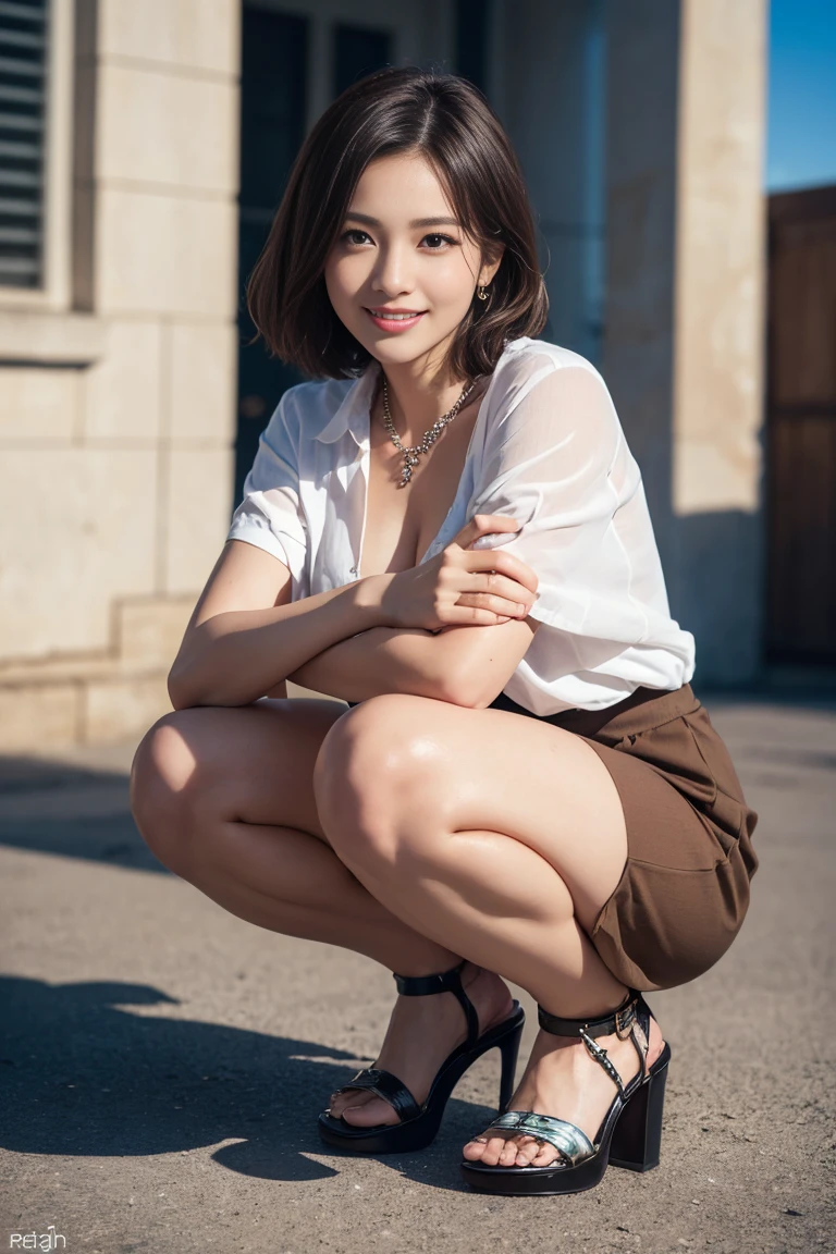 ((8k, RAW photos, top quality, masterpieces), high-definition RAW color photos professional close-up photos, (realistic, photorealism: 1.37), (highest quality), (best shadows), (best illustrations), ultra high resolution, high-definition CG unified 8K wallpapers, physically based rendering, movie lighting), 25 years old girl, (Wearing a stained color coat, white-shirts, brown pencil-skirt, a necklace、piercings), beautiful detail eyes, light on the face, ((full body shot: 1.2)), especially strong light, (upper eyes, grinning smile:1.2), shiny skin, (((dark brown hair, short hair:1.2))), (thick thighs), shy, (flash:1.2), NSFW , (puffy), ((seductive posture: 1.2, attractive: 1.2)), (Sitting on a city street), ((good anatomy: 1.2)), ((bright and refreshing, background blurred: 1.2)), perfect face, cute face, (low angle shot:1.2), small breasts:1.2, small hip:1.2, Squatting on your knees, Cross your arms, Pin highHeel Sandals