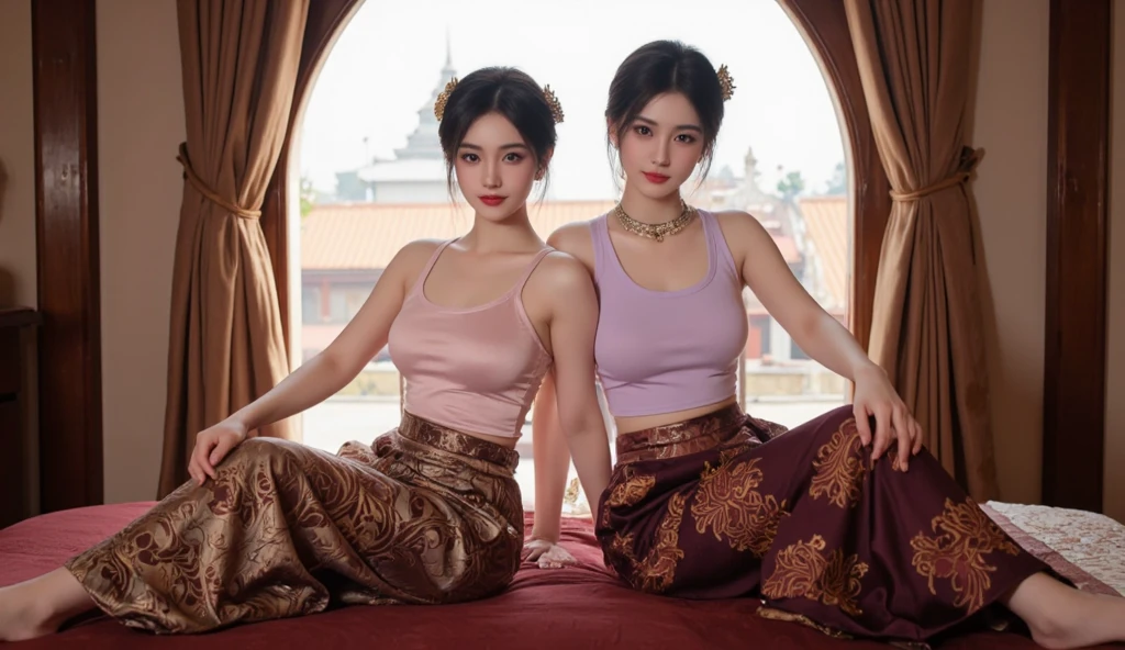 Mavtan Moroccan Islamic surreal super detail,model shoot,Two girls kneeling,duo,Dynamic pose,leering,(Dream belt,Dream robes,Fantastic ribbons),Hug and touch each other,Biting a friend's earlobe, Hug each other from behind, Touch your friend's chest from below,