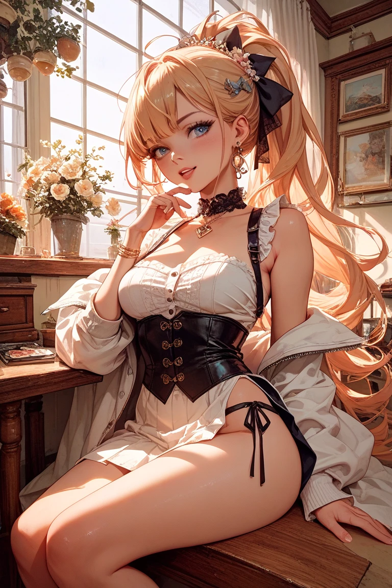 (hyperrealistic), (illustration), (high resolution), (8K), (extremely detailed), (best illustration), (beautiful detailed eyes), (best quality), (super detailed), (masterpiece), ( wallpaper), (detailed face), solo, (dynamic pose), 1 girl, black wavy hair in the kitchen, korean, heterochromic eyes, small moles under the eyes, ((apron), very huge breasts, white less cloth transparent mini shirt, white transparent thong, open legs, Vaginal discharge with flowing fluids, sexual arousal, sexual expression, shiny skin. Long legs, tight abs, (camel toe), (no panties), (no bra)
