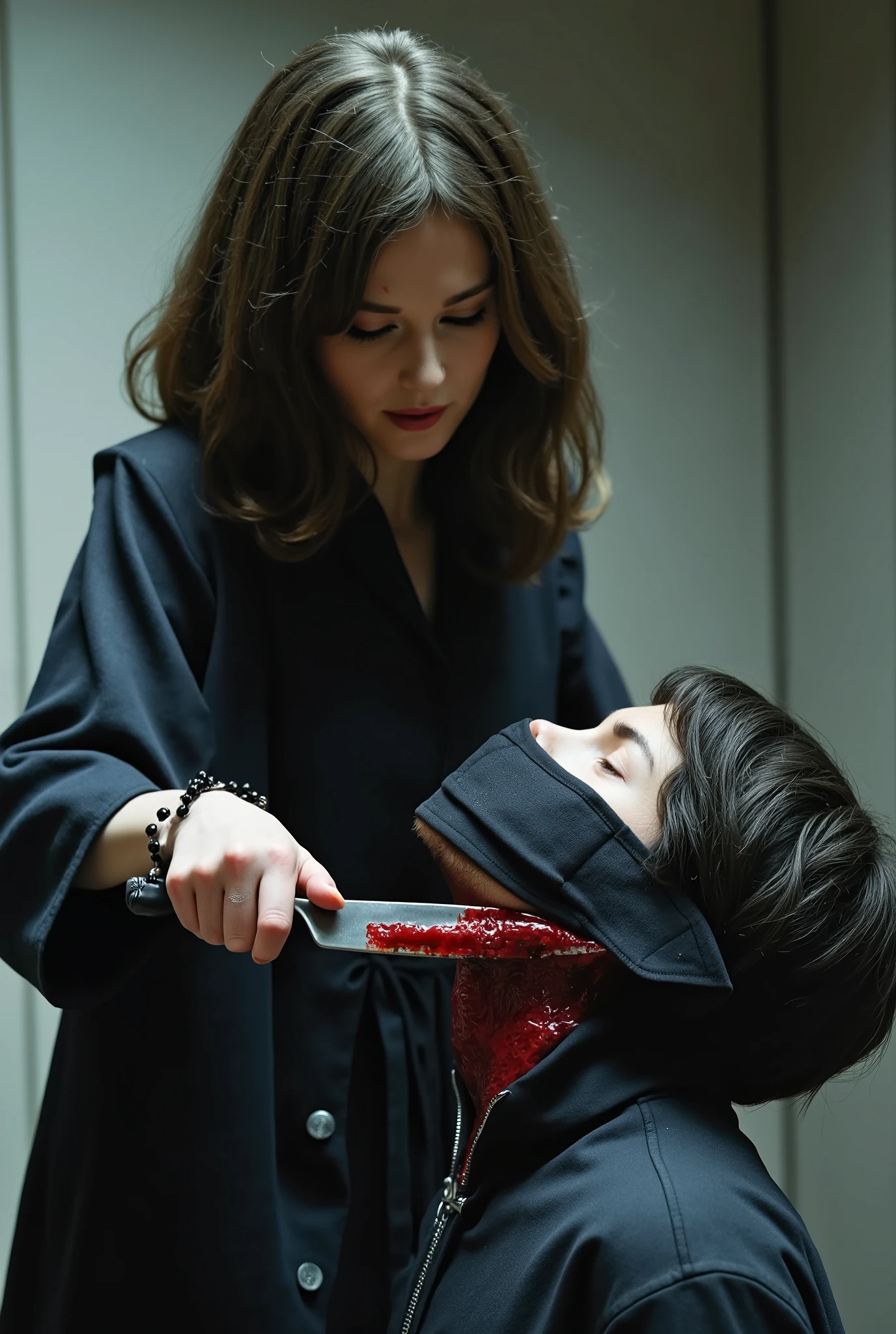 Realistic, A Very beautiful woman, cut throat a boy, boy full face mask close, neck bloody splash, neck slashed, throat contents, boy dead, woman knife, woman very thick hair, woman rich beauty, boy hoodie, woman kill boy, woman white dress, woman very big breast