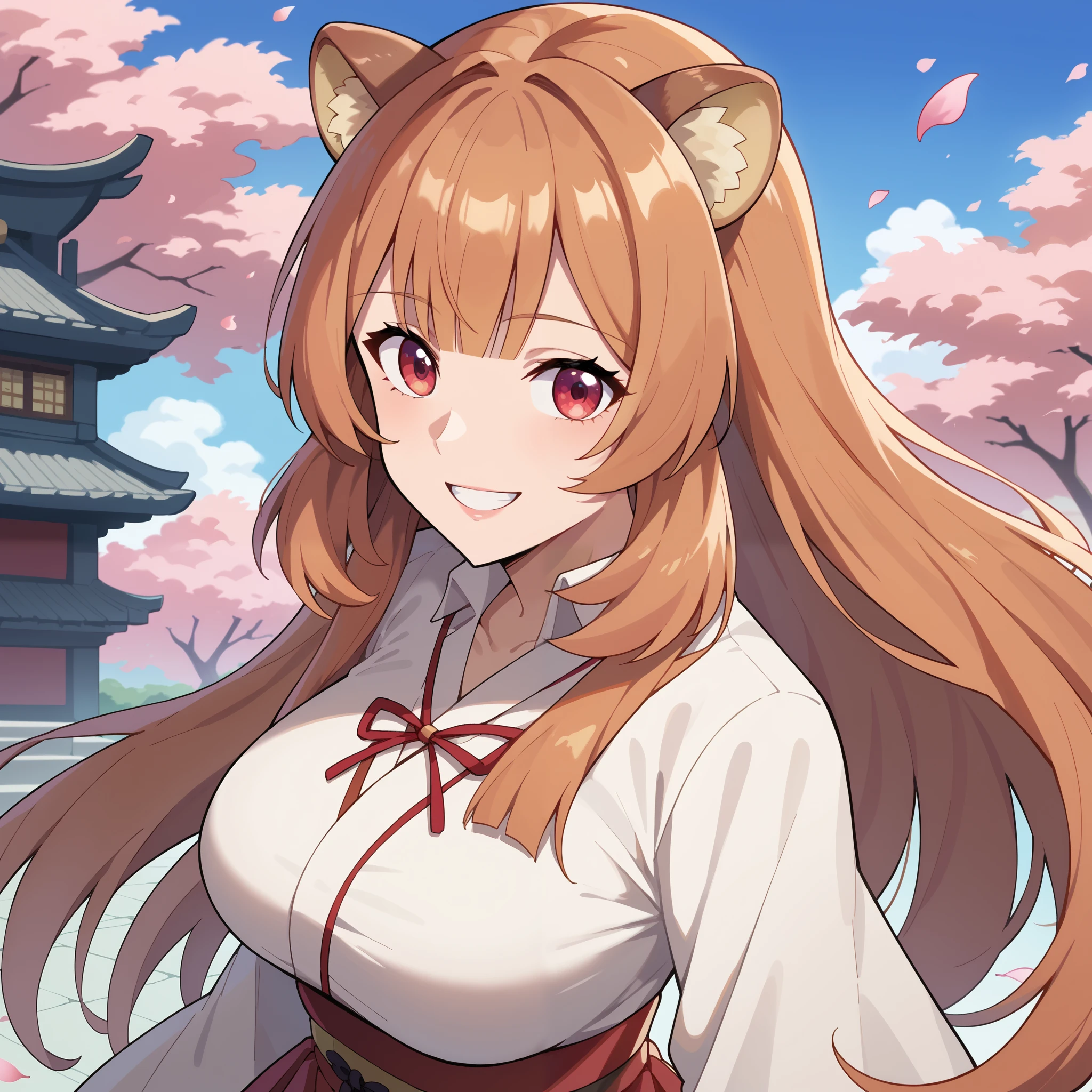 "raphtalia, a beautiful young woman with bright orange hair and deep red eyes. Her rounded animal ears peek out of her silky hair. happy smile, big, firm breasts. wears an elegant traditional Miko outfit. Her hair up to her back,
Her white kosode and red hakama flutter with every step as she walks down the corridor of an ancient sanctuary,
Around you, Cherry petals float in the air, giving it an almost divine aura .
