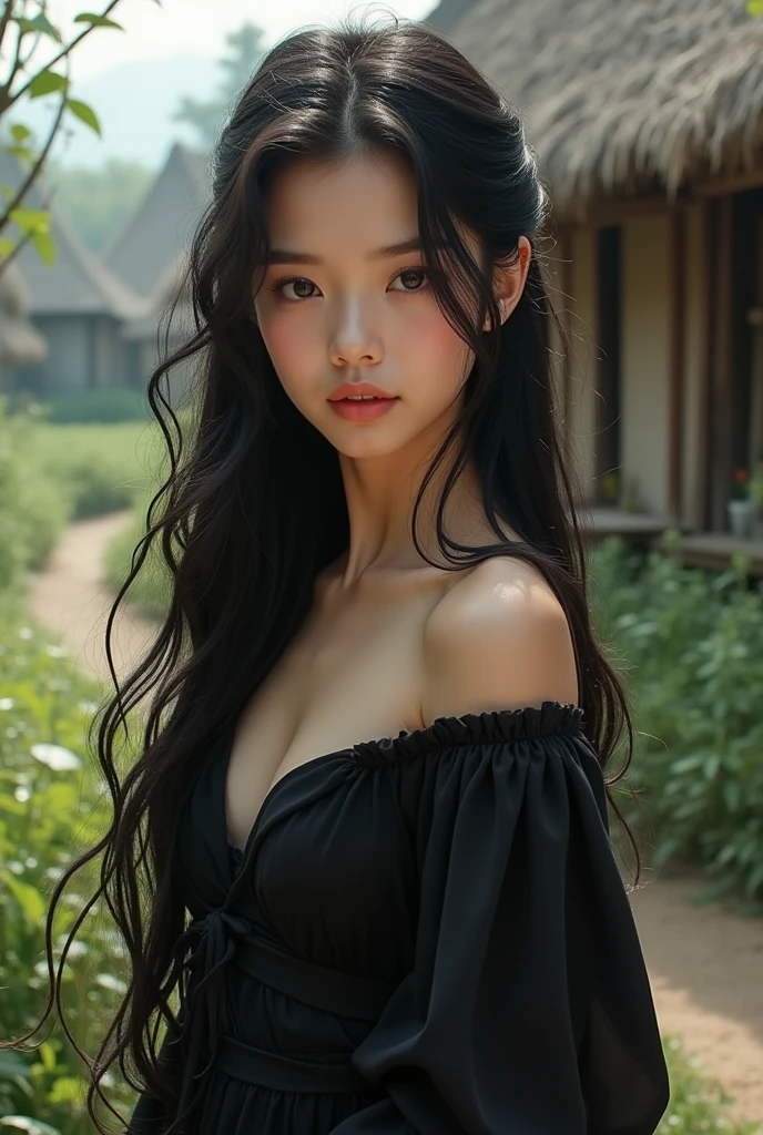 8K, of the highest quality, masutepiece:1.2), (Realistic, Photorealsitic:1.3), of the highest quality, masutepiece, Beautiful young woman, Pensive expression, Thoughtful look, youth, Hair down, Cinematic background, Light skin tone、wetted skin, soft look, chinese girl, small tits, closeup shot, chest-length hair, black hair, tight top, front view, natural, less makeup, soft face features