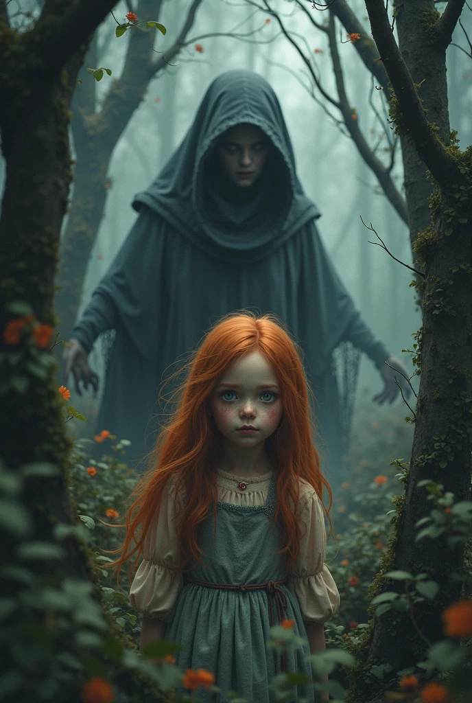 In a dark forest, A woman, with very long black hair and white skin. Behind her, there is a child, with curly red hair and white skin.