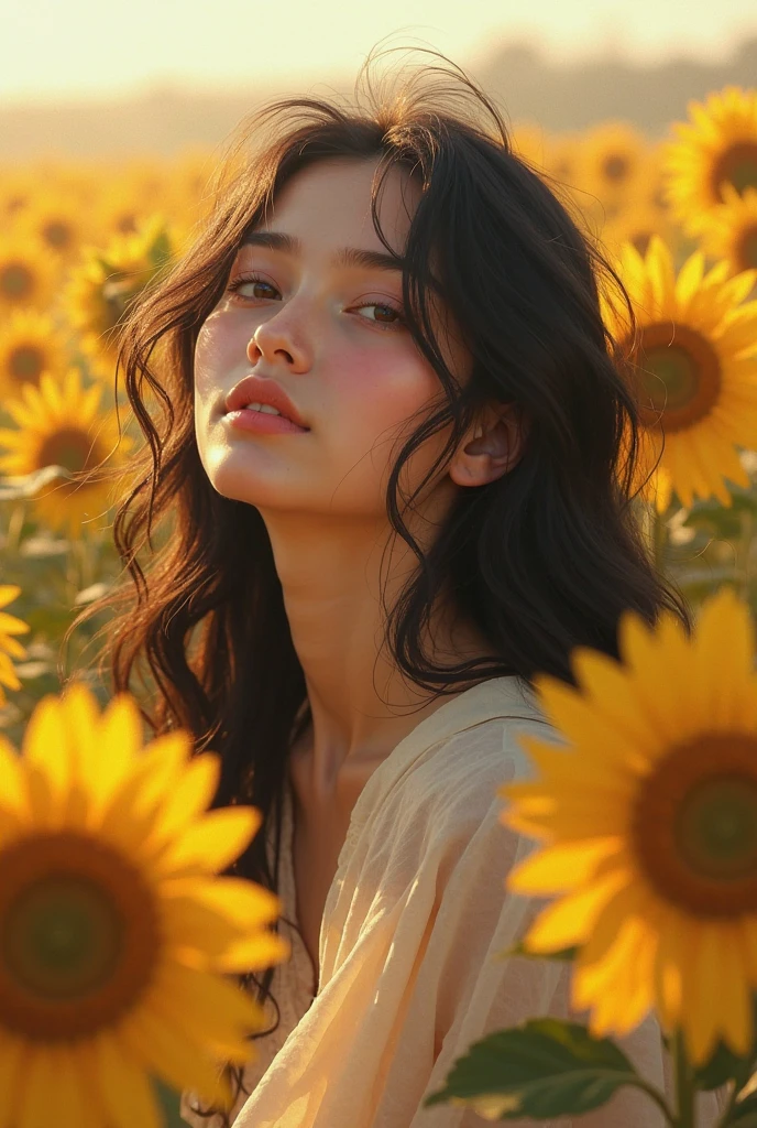 Side view, a girl in a vast sunflower plantation, wearing a green blous and a thin cardigan, looks cheerful and happy, at sunset, there is a golden sunlight penetrating from between her hair floating in the wind. (Masterpiece,realistic,best quality):1.4, delicate photo, intricate detailed, ray tracing, hi-res CG, ultra detailed, 8k wallpaper, unity, artstation, dslr, hi-res photography, best shadow, cinematic light
