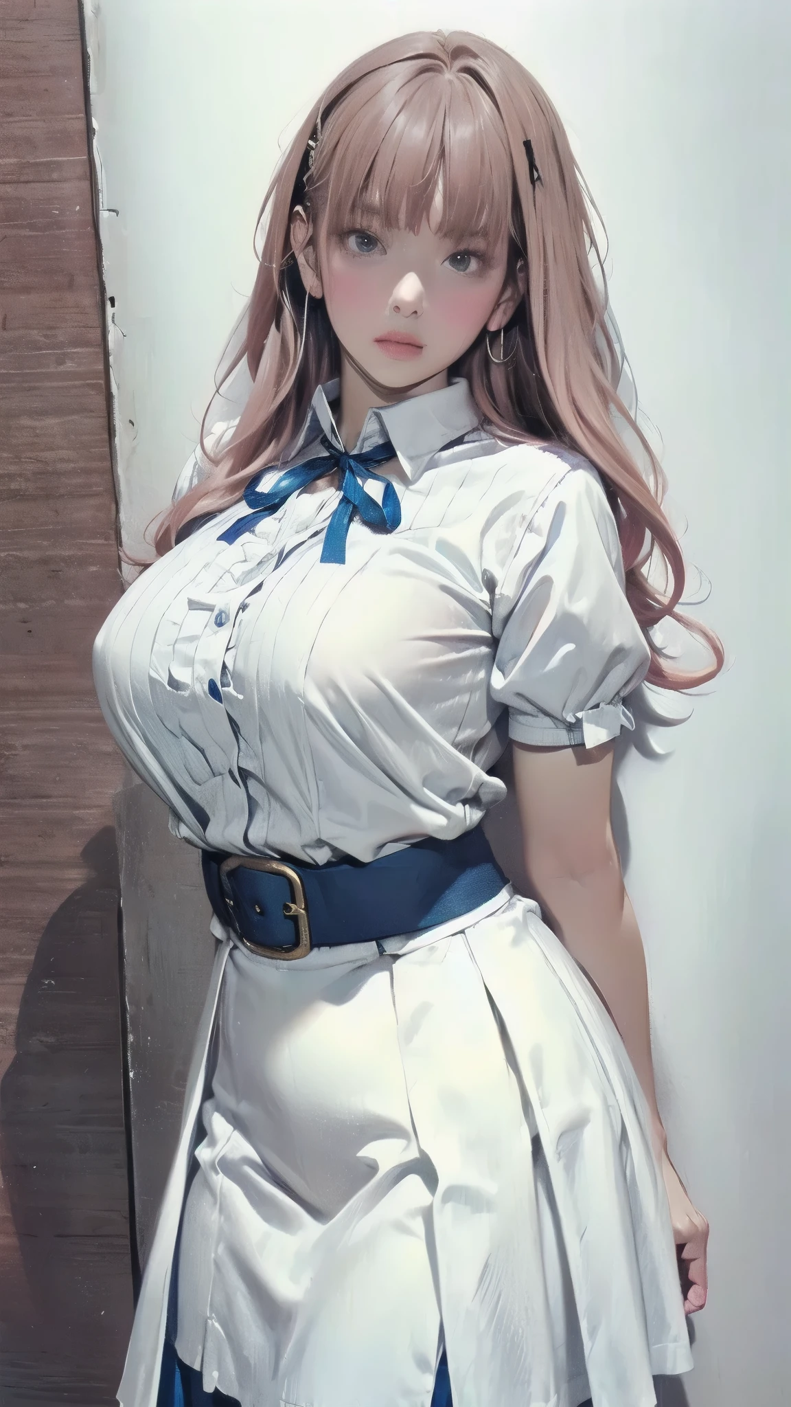 A woman wearing a white shirt and blue skirt poses for a photo, with a large chest, , soft chest, Thick neck, bust up, cross your arms under your chest、bending forward、