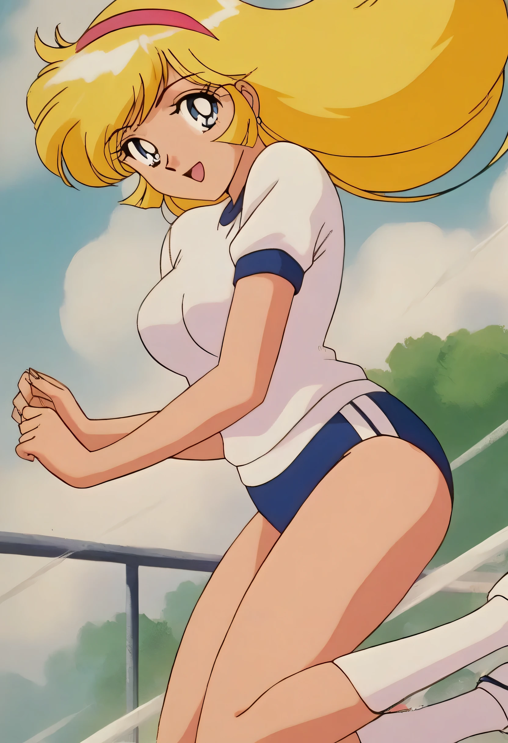 masterpiece,best quality,very aesthetic,highres, KisaragiHoney, 1girl, solo, blonde hair, long hair, blue eyes,smile,medium breasts, hairband,((white shirt)),navy buruma,white socks,athletic shoes,(jumping),outdoor, looking at viewer,cowboy shot,retro artstyle, anime coloring,