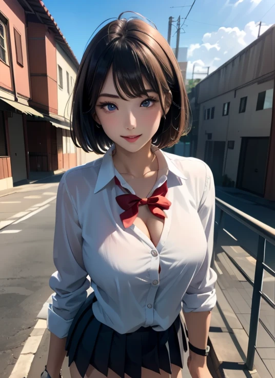 Random sexy poses,School uniform,1girl in,(Ultra detailed skin),Curve,Petite,Beautiful breasts,Large breasts,pale skin,pointed breast,Erect nipples,(Fantasy Art,Highest image quality,Hyperrealist portrait,(8K),Ultra-realistic,Best Quality, High quality, High Definition, High quality texture,high detailing,Beautiful detailed,fine detailed,extremely details CG,Detailed texture,realistic representation of face,masutepiece,presence,Dynamic,Bold),Bob Hair,(Thin hair),(Soft hair),(Straight hair:1.5),Swept long bangs,Extra bright coppery amber hair,Hair over one eye