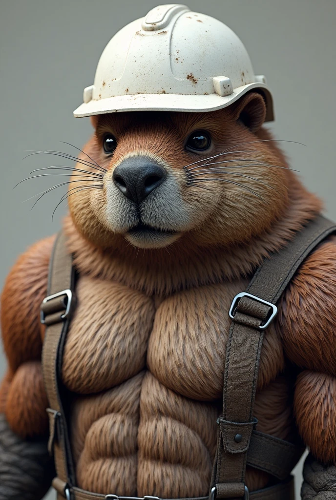 An angry humanoid capybara with both arms in a cast wearing a sling.
