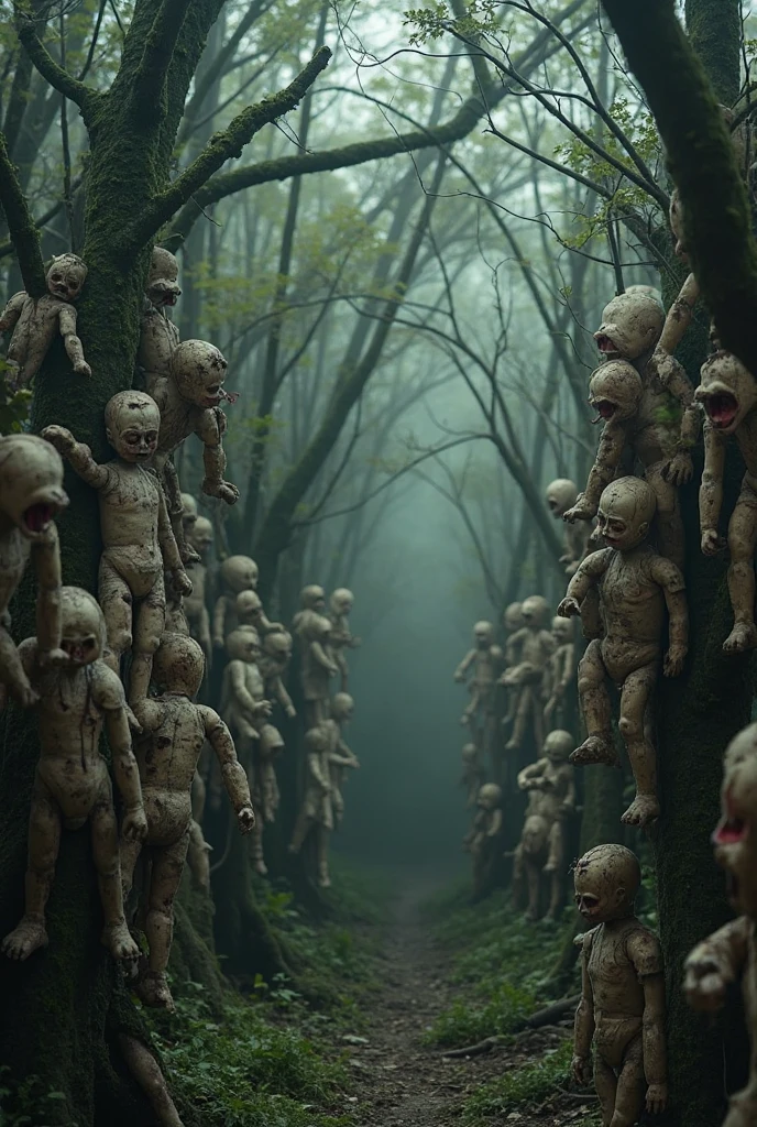 100 dolls hanging from trees and houses、Horror、Real、Doll with only a head、Tattered Doll
