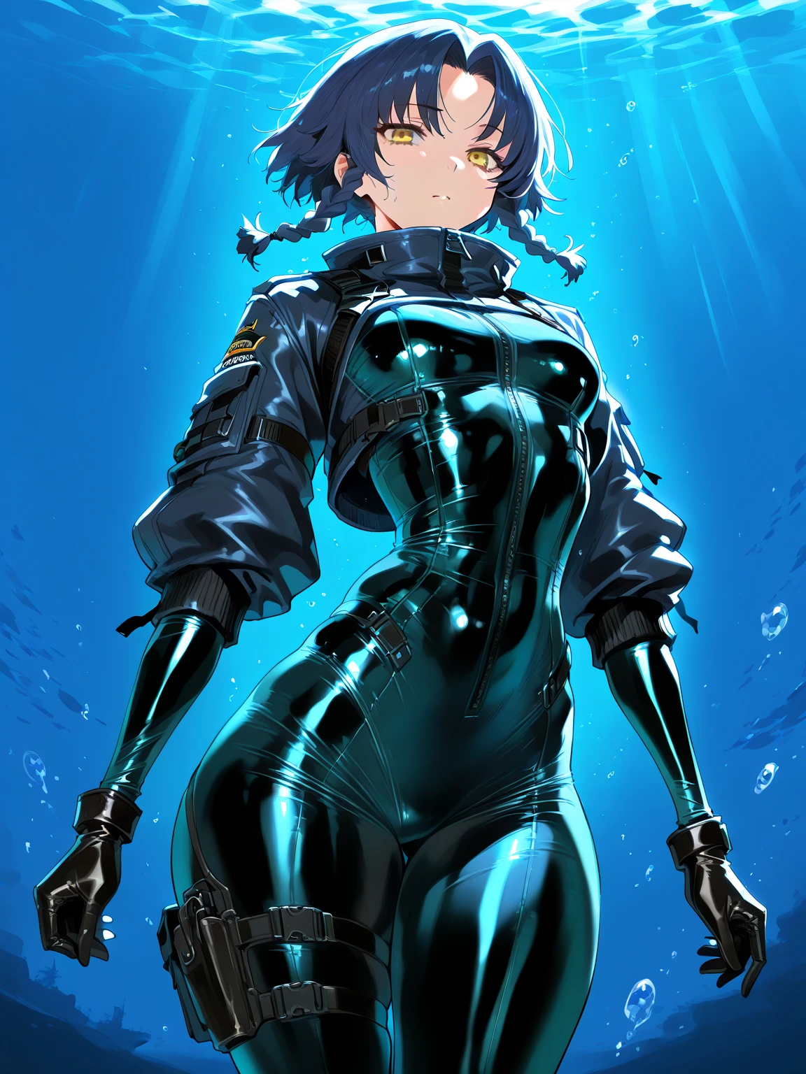 (masterpiece、highest quality、Highest Resolution、Clear_image、Detailed details、Angle from above): (Whole body、One 20 year old girl、Japanese Faces、Small Face、Slender、Navy blue super short bob cut hair、Sparkling blue eyes、Shiny pilot suit in blue and black colors、Tight fitting clothes