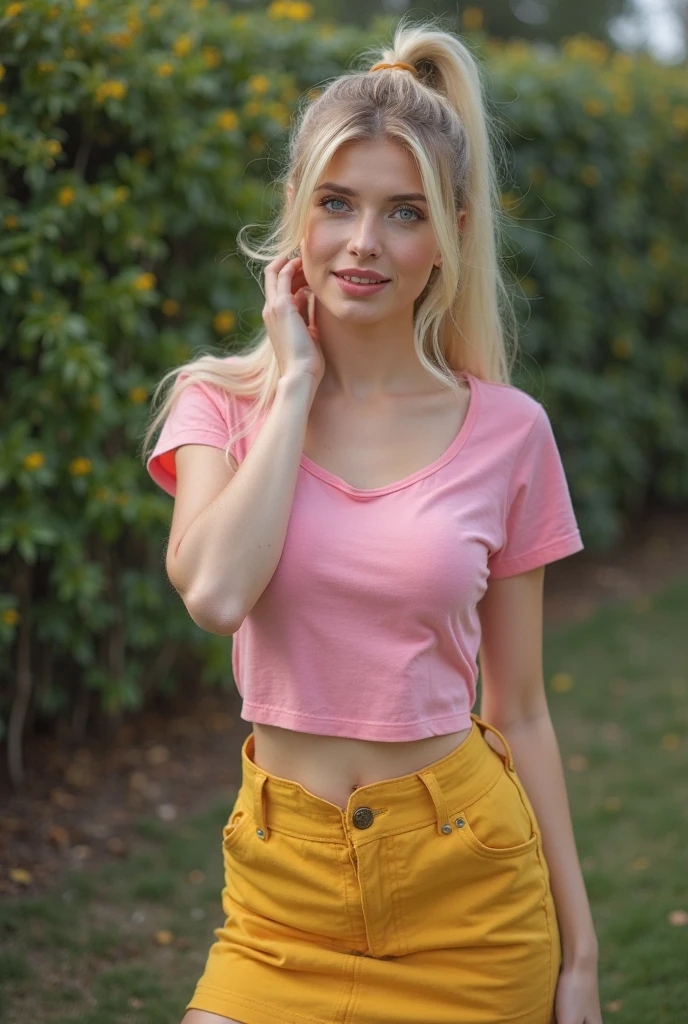 Pale blonde, ((19 years old)), pale yellow hair, big green eyes, enormous natural breasts, narrow hips, sexy, ((hot pink T-shirt)), cleavage, bare midriff, ((cutoff shorts)), smiling, fun, playful, ((cowboy shot)), ((bright sunshine)), standing near a crumbling German castle wall (((masterpiece, highly detailed, best quality, depth of field)))