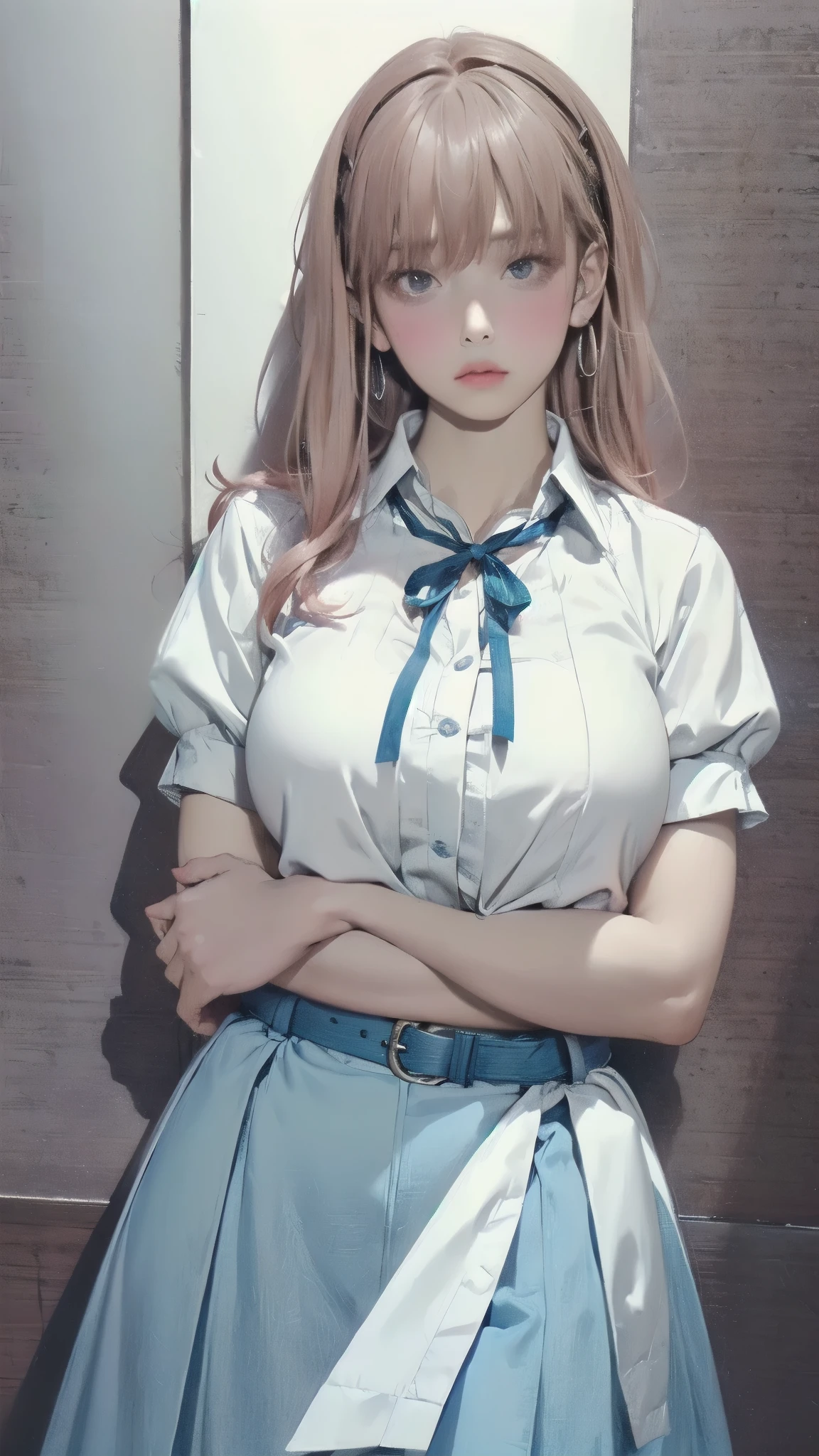 A woman wearing a white shirt and blue skirt poses for a photo,upper body、 with a large chest, , soft chest, Thick neck, bust up, cross your arms under your chest、bending forward、highlight breasts、on the lower body