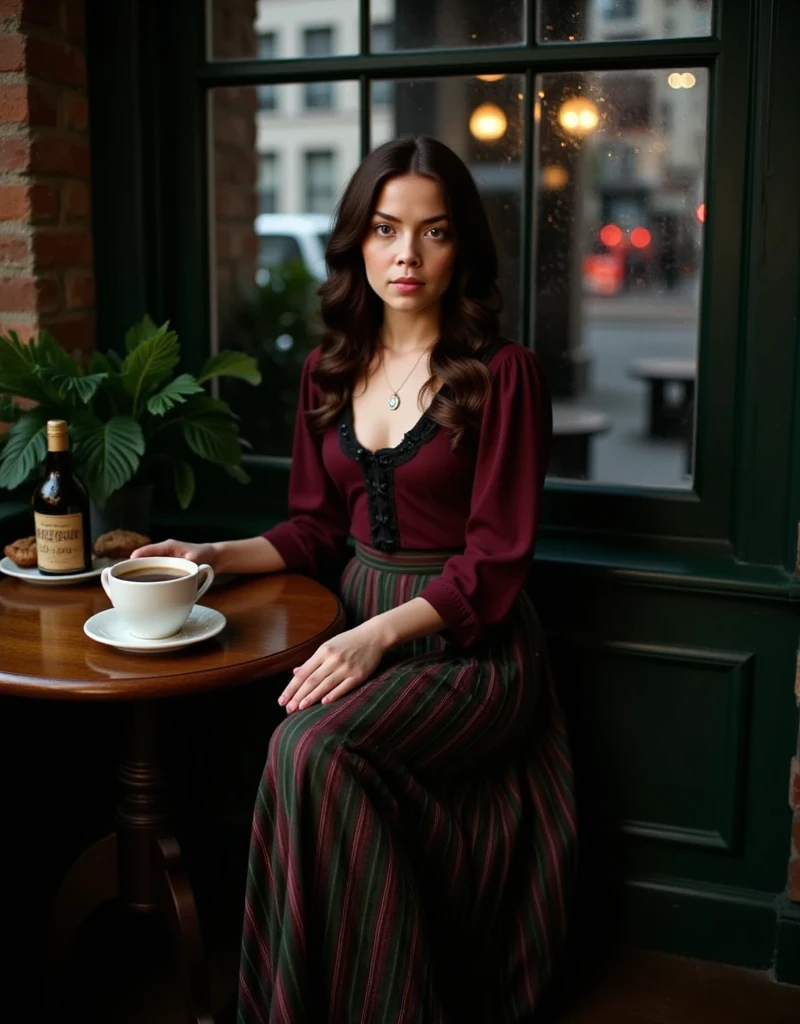 Best Quality, Masterpiece, Ultra High Resolution, (Realism: 1.4), Original Photo, 1woman slight smile blond LaGermania, sitting at a café in North Beach, San Francisco, 2024. She is wearing a 17th-century Baroque dress with a tightly laced bodice and a long, flowing skirt. The dress is made of sturdy wool and cotton, in deep green and brown tones, with simple yet elegant lace trim. Her hair is styled in loose waves, slightly damp and clinging to her face. The heavy fabric of her dress clings to her body, showing the weight and texture. The modern café setting with people in contemporary clothing provides a stark contrast to her historical attire. The bright afternoon light casts soft shadows, highlighting the intricate detailing on her dress. LaGermania's zurückhaltendes freundliches und direktes verführerisches lustvolles gut-gelaunt-lächeln adds a charming touch to the scene, creating a visually striking and humorous image that blends past and present.