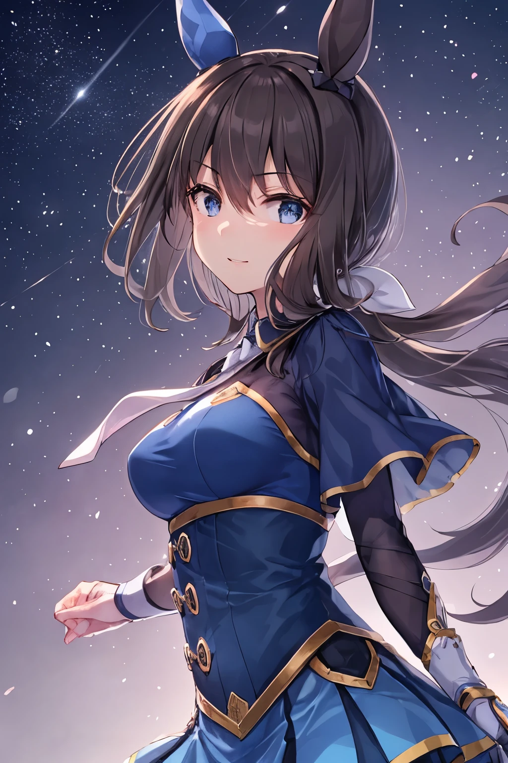 (Tabletop.highest quality).(Dynamic Angle). (CG paintings with impressive detail),(Perfect image)、Comic Strip.shape.1 girl.Detailed face、Perfect Face.Delicate face、Girl in delicate clothes、Rough skin、Black Hair.length、(Umamimi Girl)Umamimi Girl、((Beautiful Blue Eyes)).Delicate and beautiful eyes、Fine grain、Reflected Eyes、smile.(View your viewers:1.3).(Face is a little red:0.8)、8k wallpaper、Cowboy Shot、reflected light、Most detailed、Complex、Delicate background、Rough skin、Fine skin、(Super Resolution)、