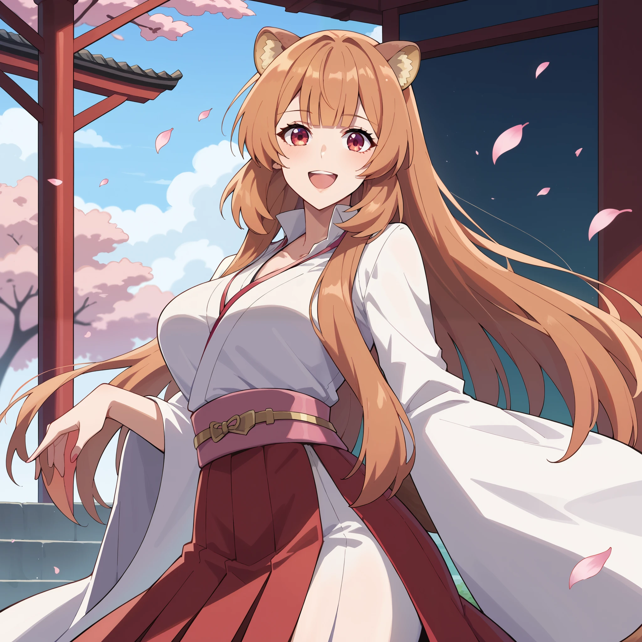 "raphtalia, a beautiful young woman with bright orange hair and deep red eyes. Her rounded animal ears peek out of her silky hair. happy smile, big, firm breasts. wears an elegant traditional Miko outfit. Her hair up to her back,
Her white kosode and red hakama flutter with every step as she walks down the corridor of an ancient sanctuary, neckline. pink belt with flower design.
Around you, Cherry petals float in the air, giving it an almost divine aura .