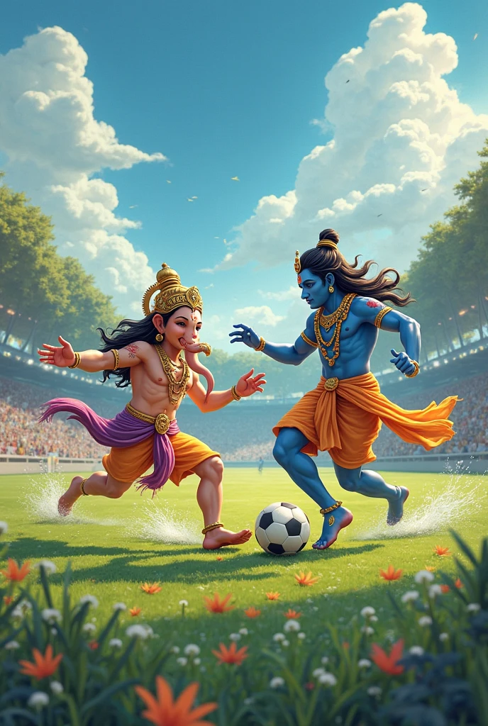 A man playing cricket with lord Krishna in group on ground