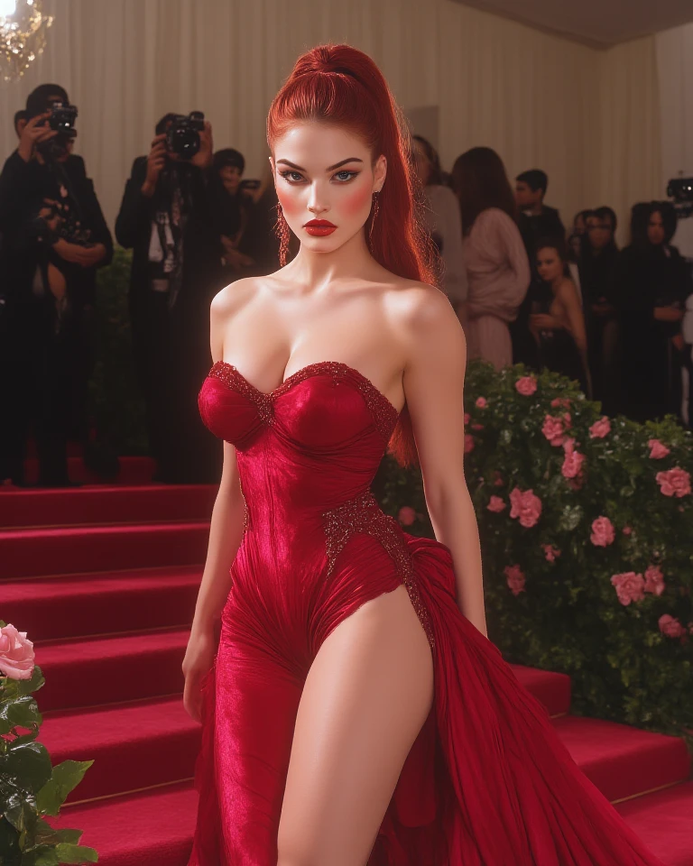 Adriana Lima with pale skin, thick lips and white hair that falls behind her shoulders to the small of her back. Usa un vestido rojo y largo brillante tipo estraples, con los hombros y cuello descubierto, with tight corset that shows a deep heart-shaped neckline. El vestido tiene detalles en dorado. Es la diosa del infierno, inspirada en Lilith. He is posing for the paparazzi cameras at a formal event.., es elegante, Multa, imponente y desafiante.