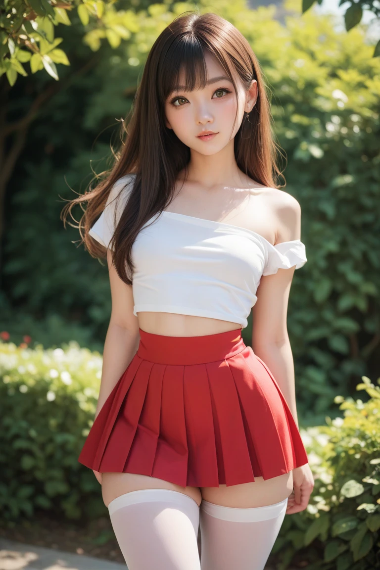 ((Highest quality, 8k)), ((masterpiece)), (Highest Resolution), Perfect Face, fox girl, high school girl, Beautiful woman, public, Has one tail, She has thick thighs, a large tail, She has a red fox tail, She wags her tail, Troubled face, fur collar, She wears a short skirt, Beautiful Hips , Big Breasts, The skirt is rolled up with a big tail