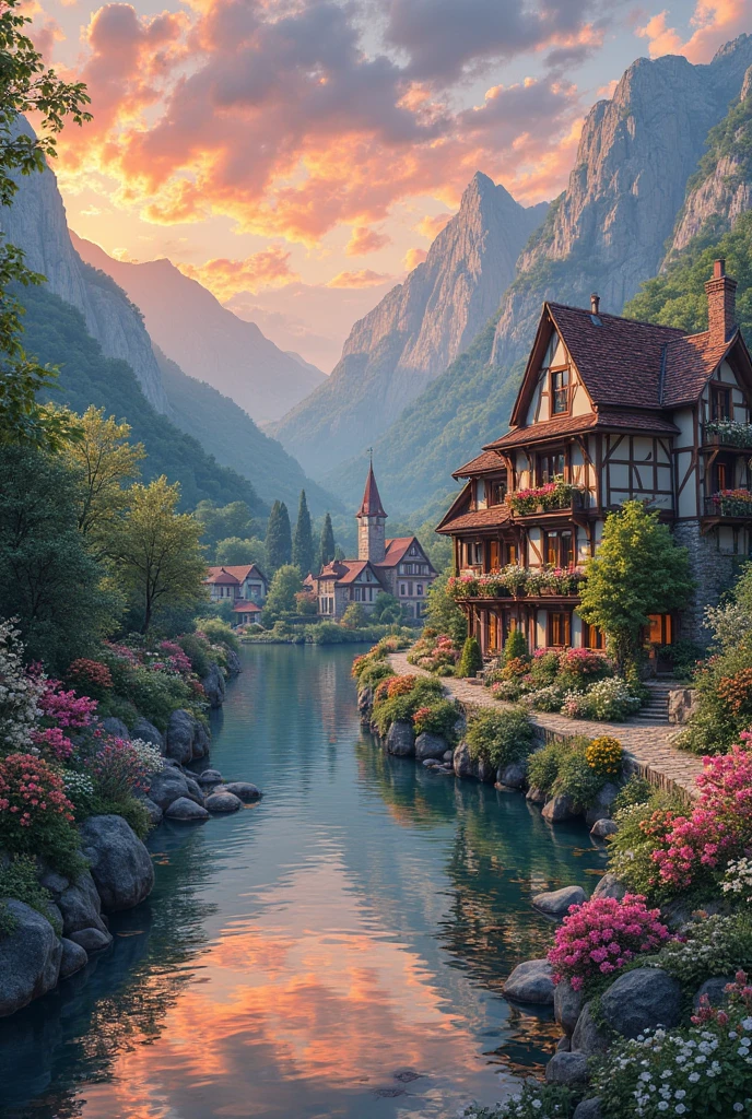 A small riverside village, mountains in the background , colorful ...